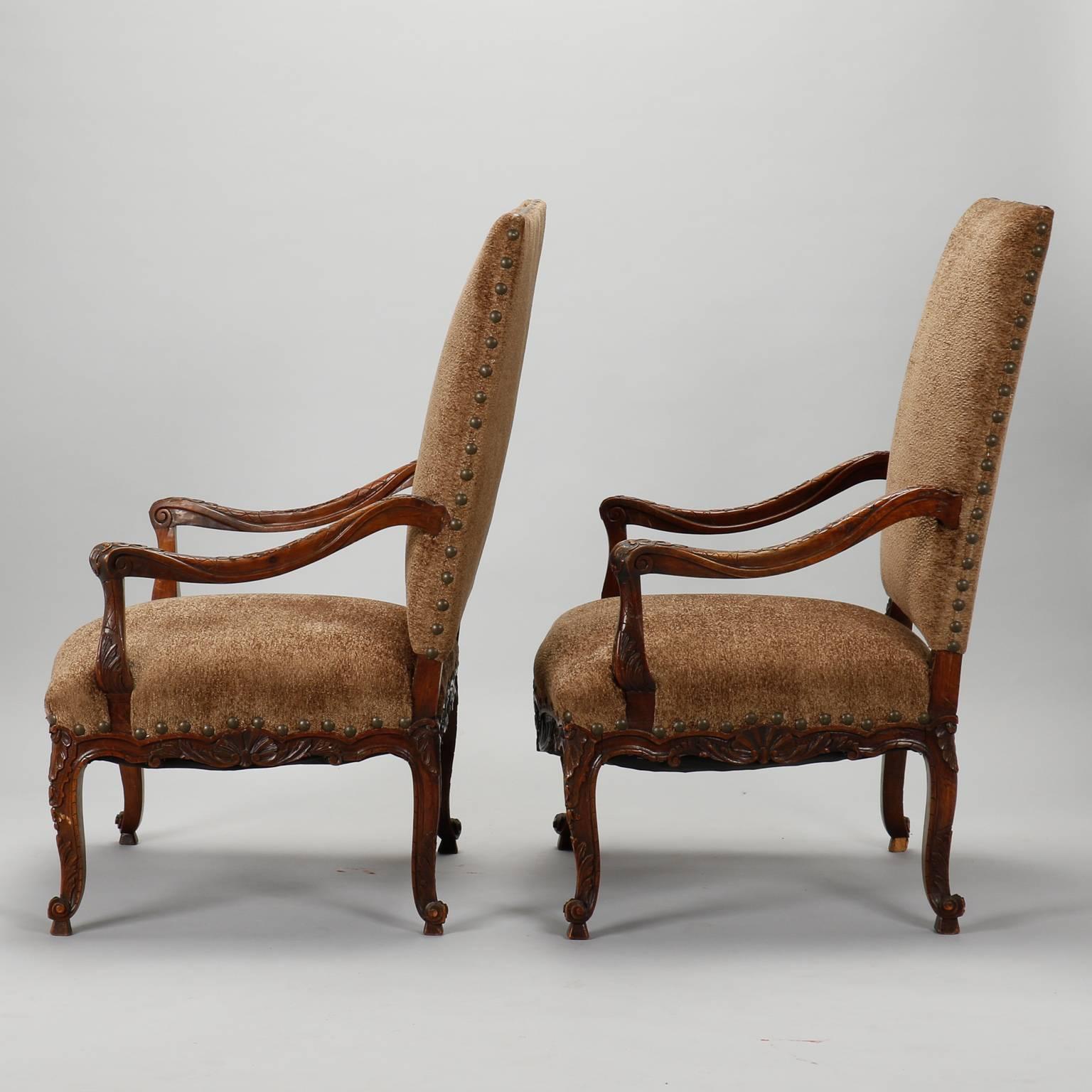 20th Century Pair of French Carved Frame High Back Armchairs