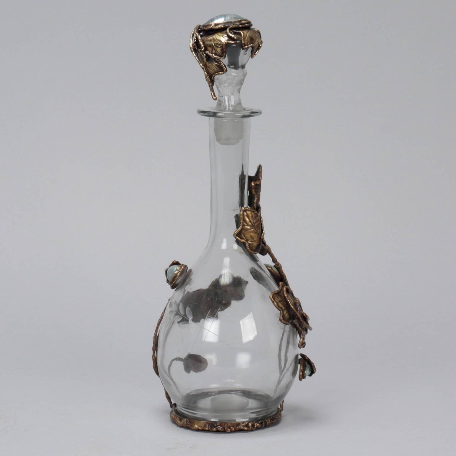 Mid-Century Modern Signed Italian Decanter with Metal Work and Freshwater Pearls For Sale