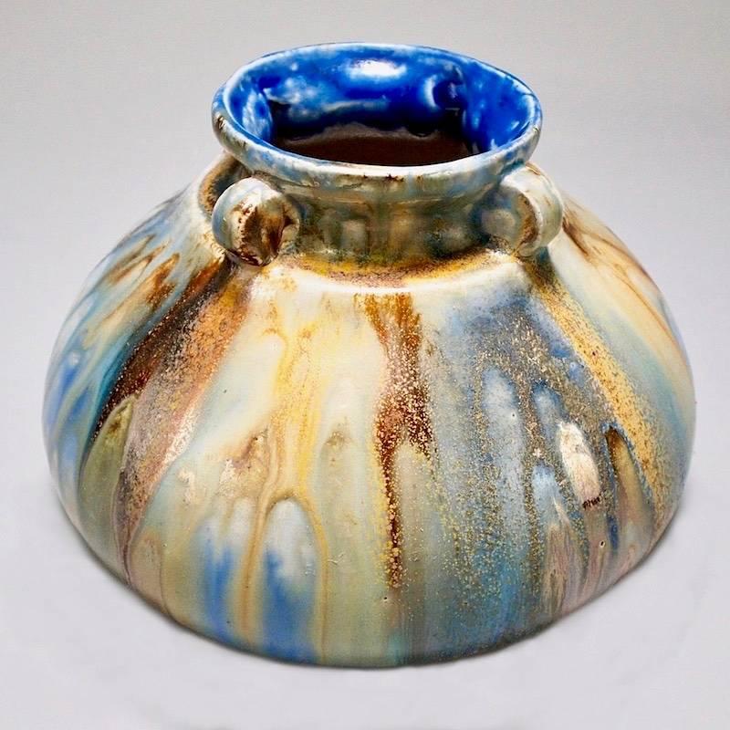 Belgian Roger Guerin Blue and Brown Small Four Handled Pottery Vase