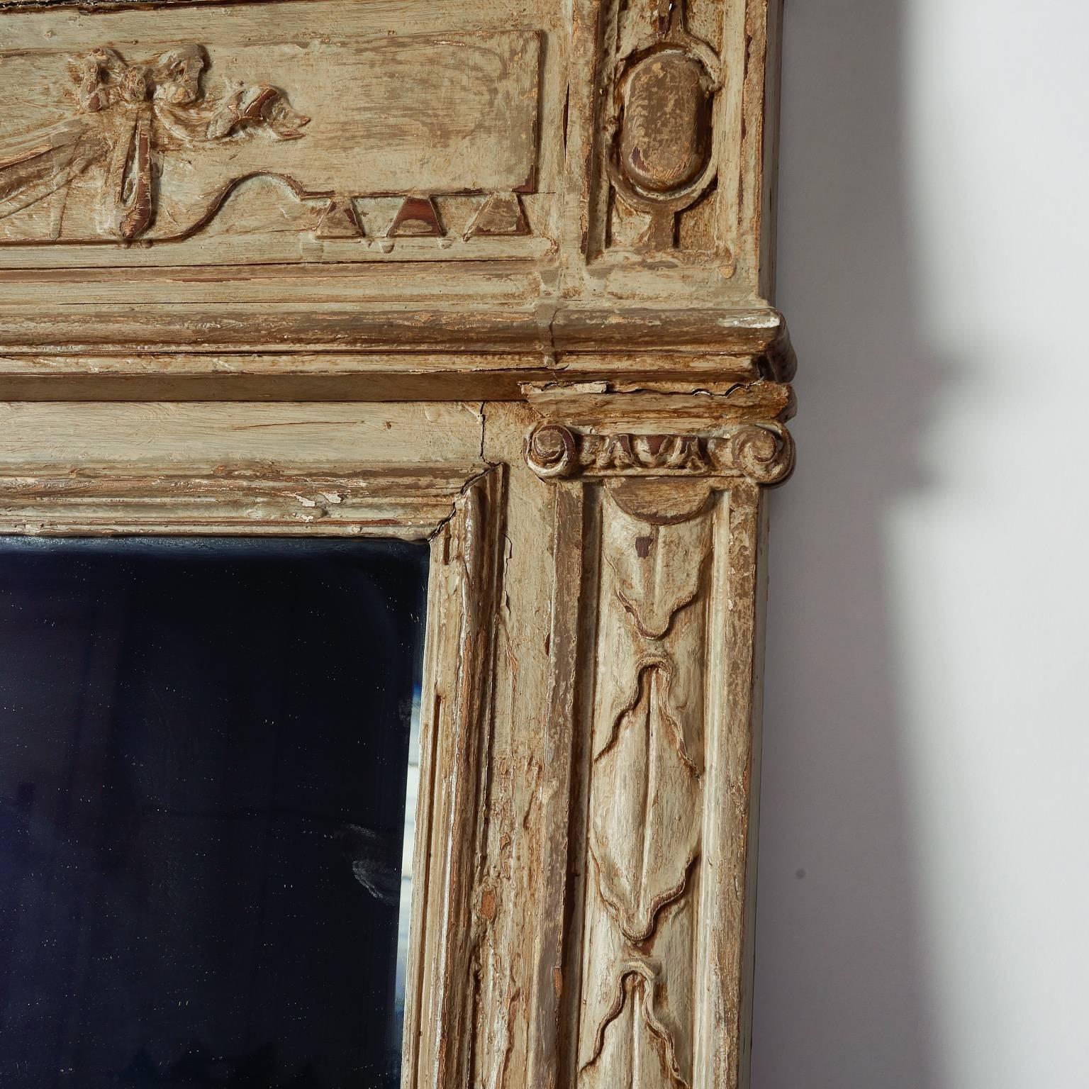 Wood Large Painted Green Gray Mirror with Carved Details For Sale