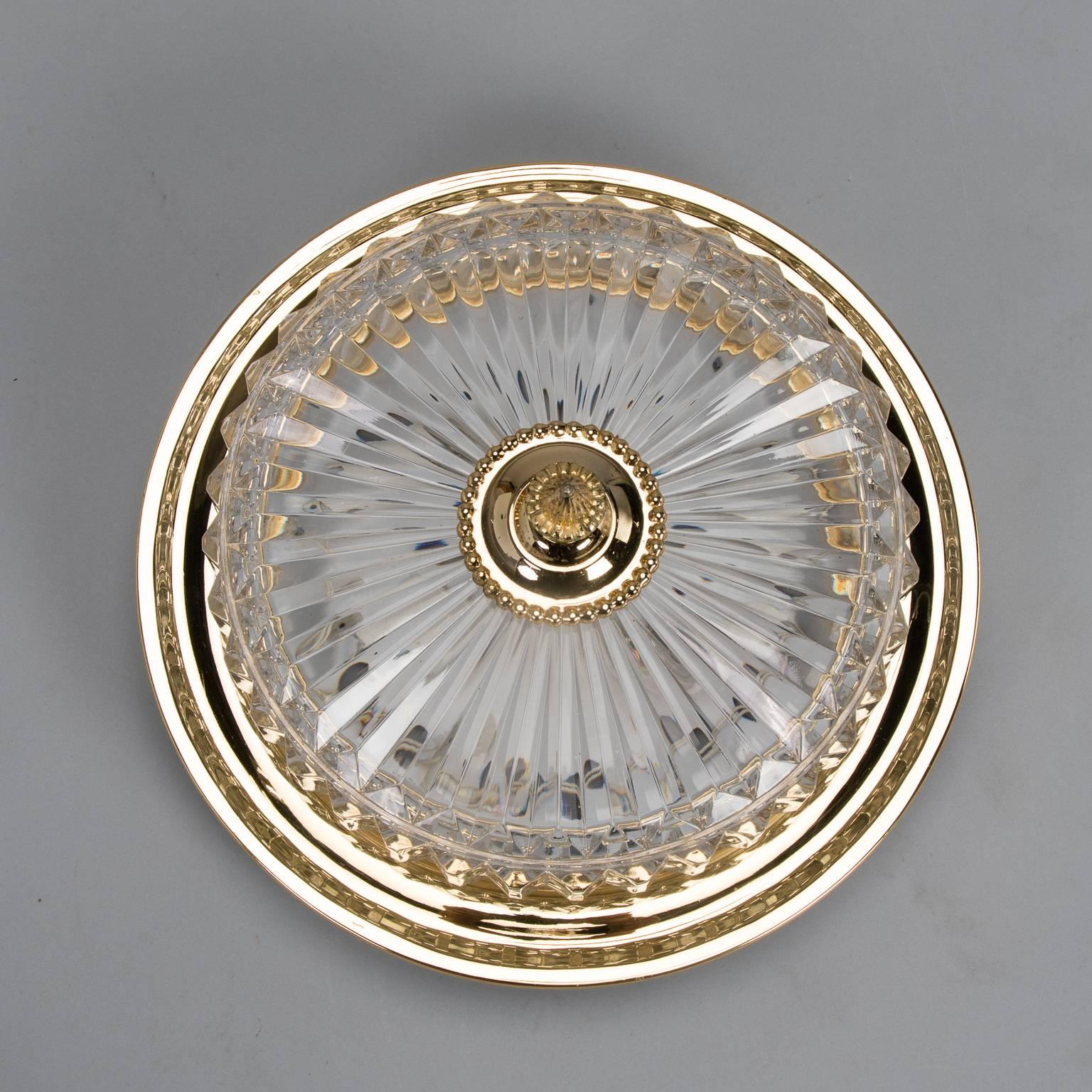 French Fluted Crystal and Brass Flush Mounted Fixture In Excellent Condition In Troy, MI