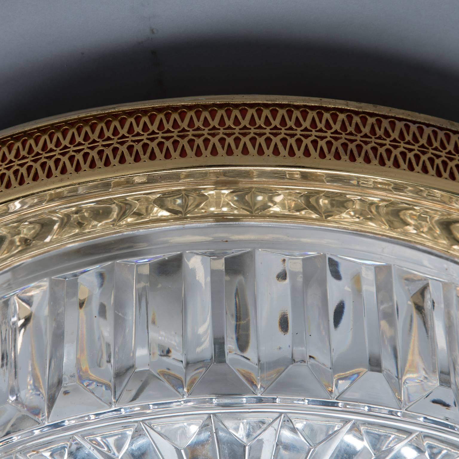 20th Century French Fluted Crystal and Brass Flush Mounted Fixture