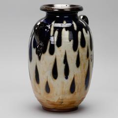 Signed Large Guerin Pottery Jug with Cobalt Incised Drips