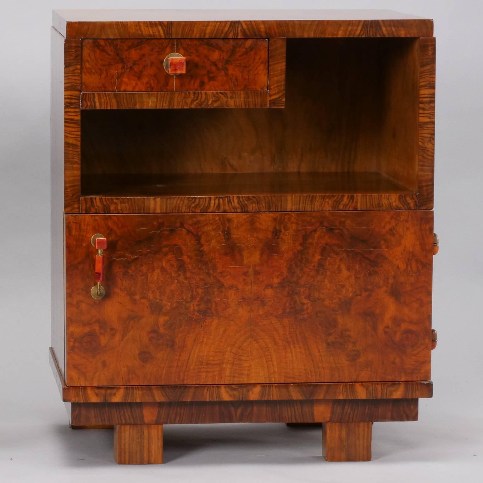 Art Deco Pair of Deco Burl Wood Bedside Cabinets with Bakelite Handles