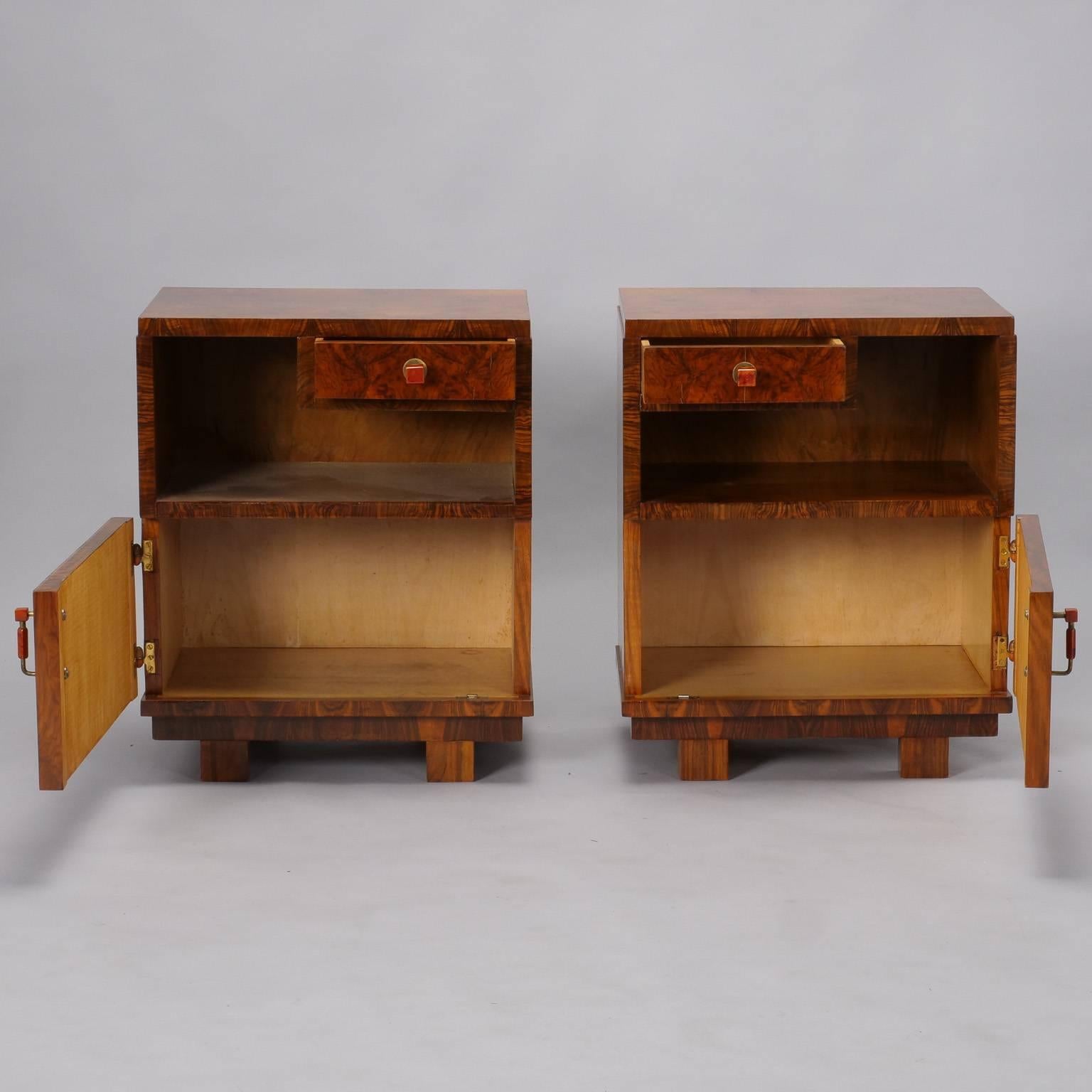 European Pair of Deco Burl Wood Bedside Cabinets with Bakelite Handles