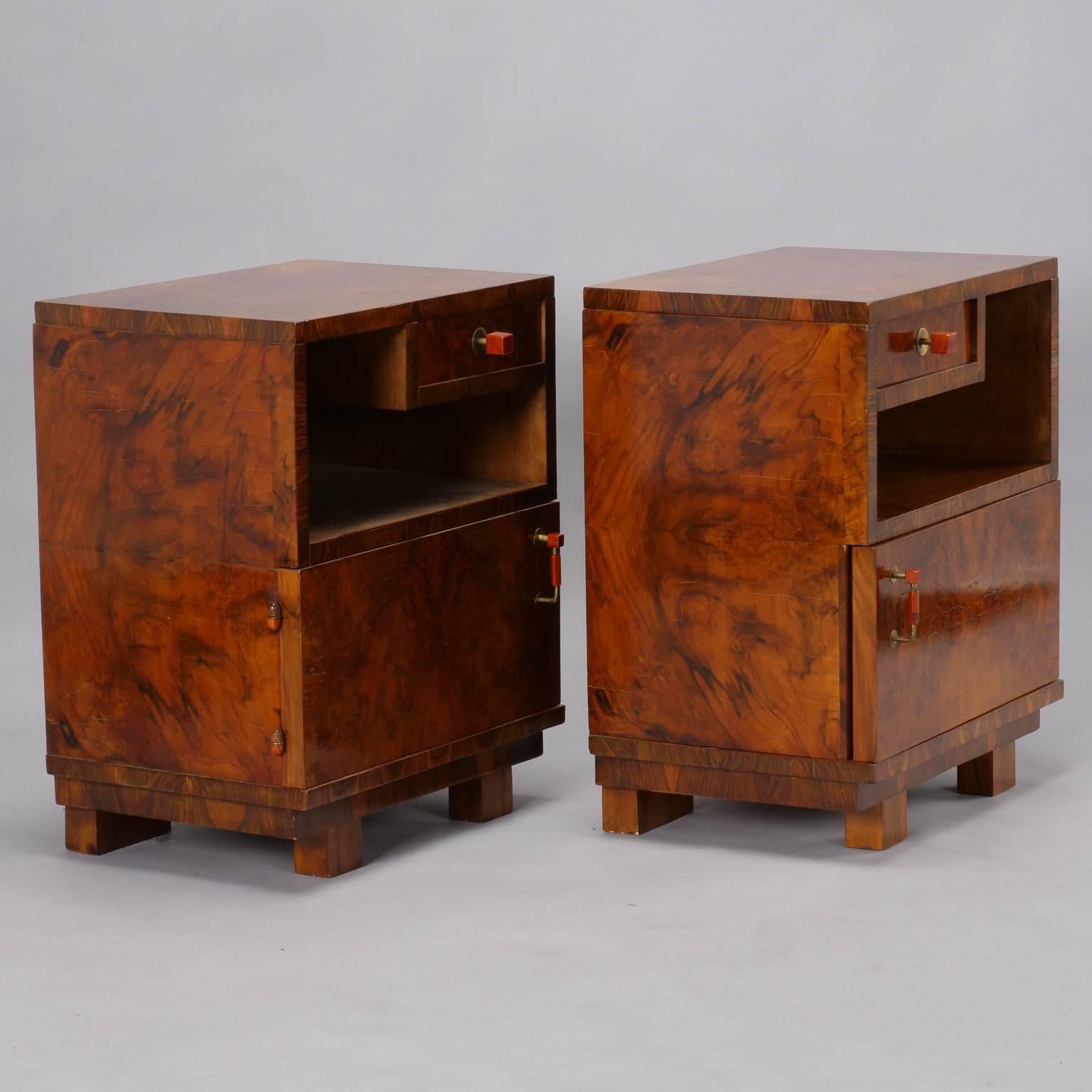 Veneer Pair of Deco Burl Wood Bedside Cabinets with Bakelite Handles