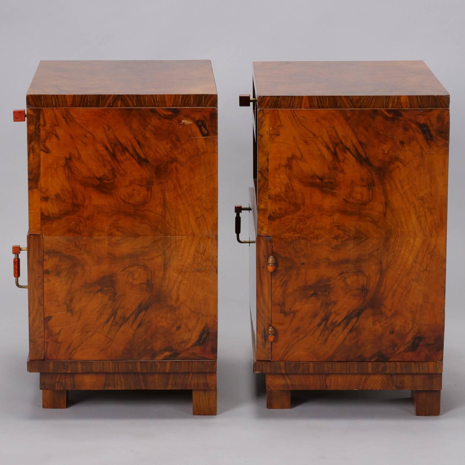 20th Century Pair of Deco Burl Wood Bedside Cabinets with Bakelite Handles