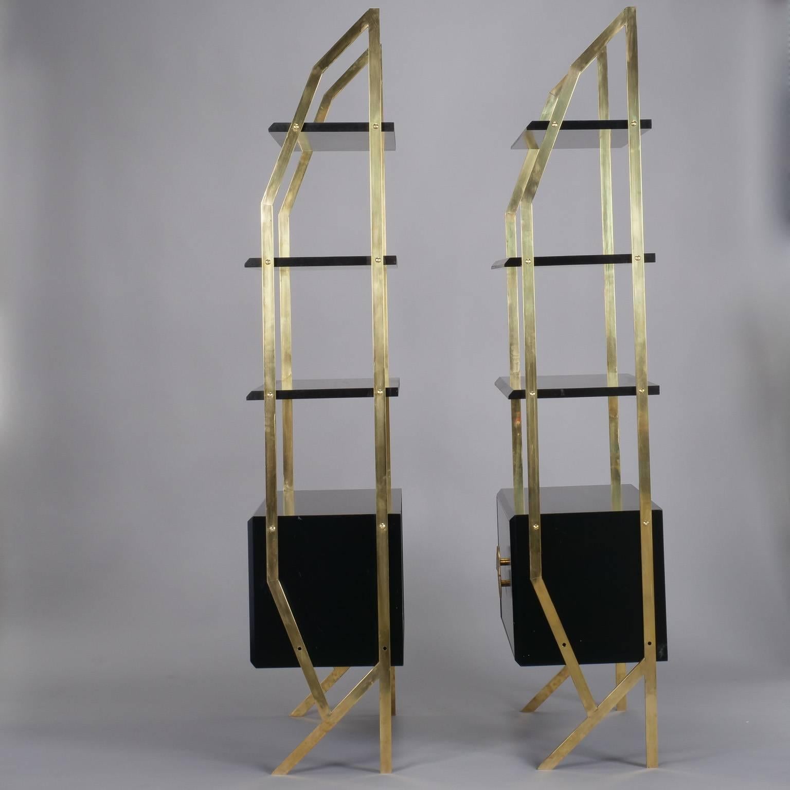 Ebonized Pair of Mid-Century High Style Italian Brass and Wood Etageres