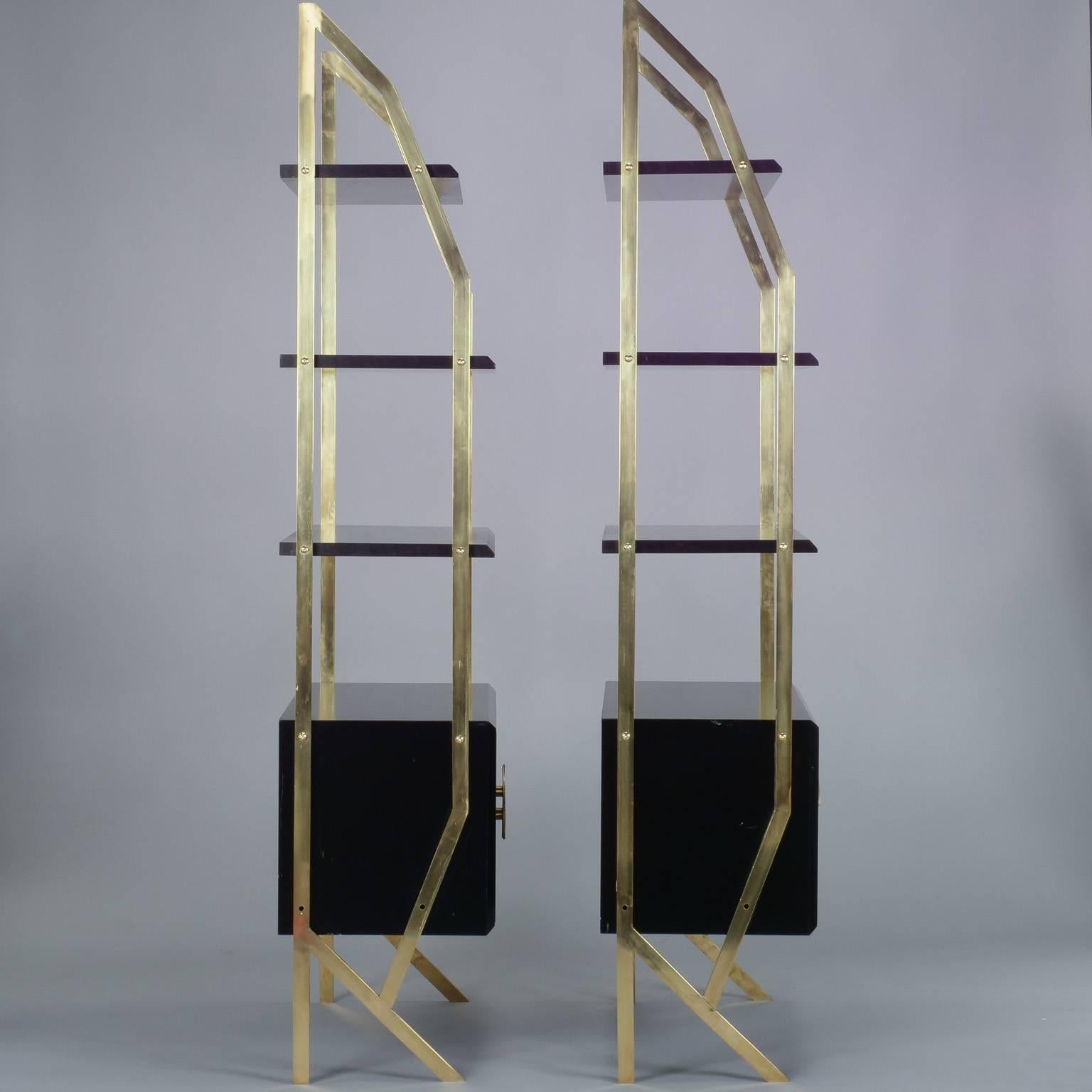 Pair of Mid-Century High Style Italian Brass and Wood Etageres In Excellent Condition In Troy, MI