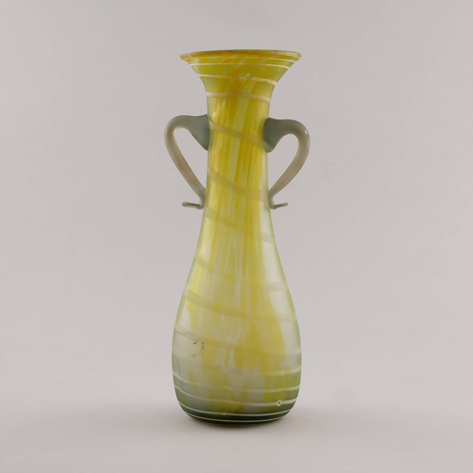Blown Glass Italian Green and White Art Glass Amphora Style Vase