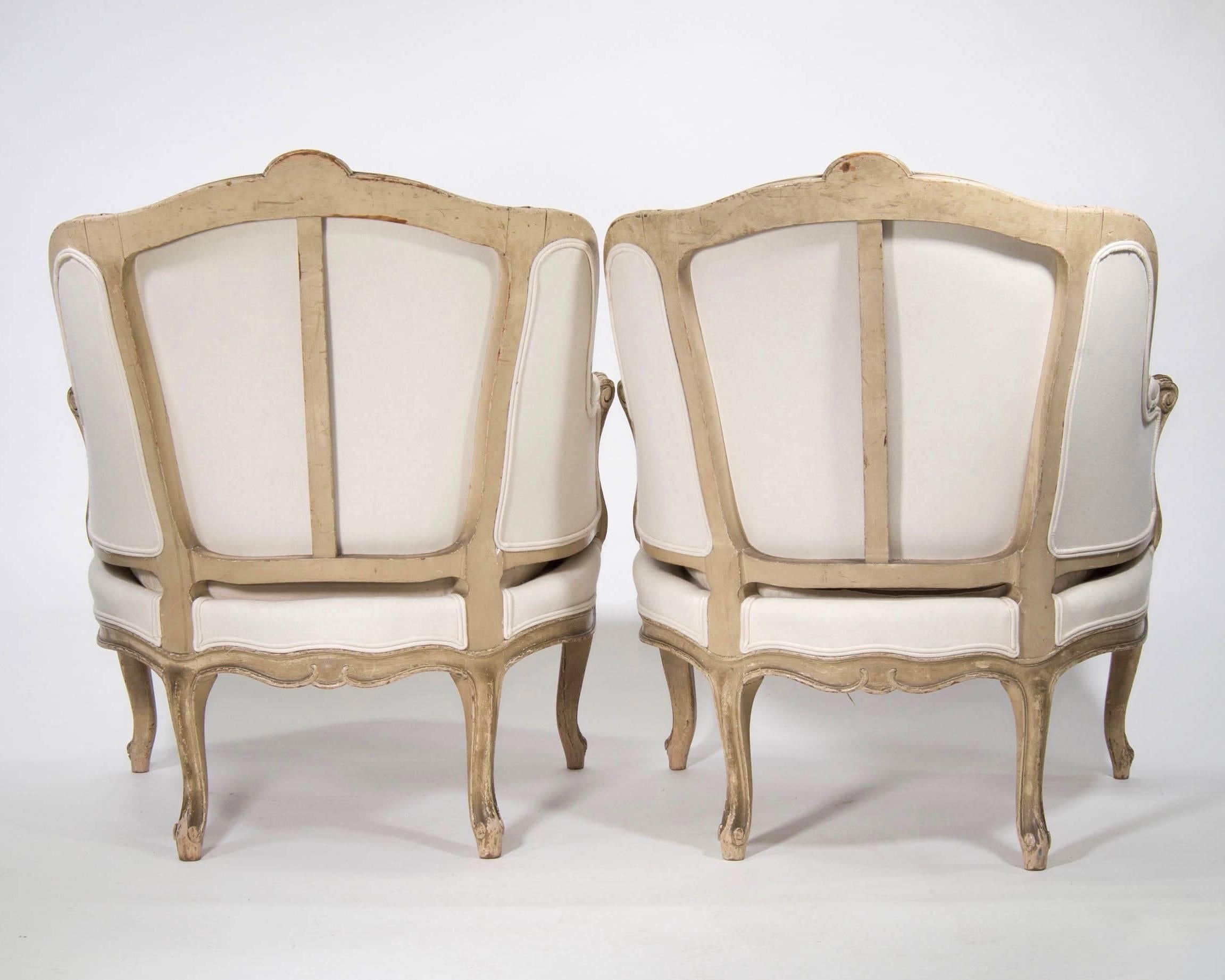 Carved Pair of 19th Century Painted Frame Bergeres