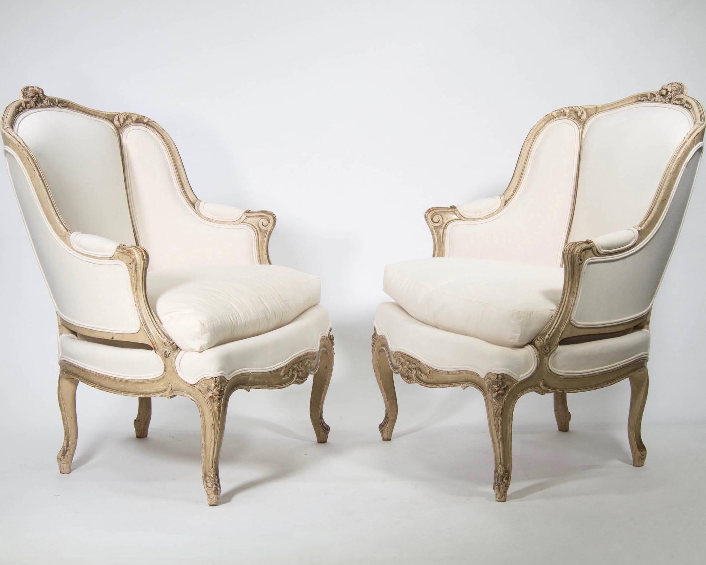 Upholstery Pair of 19th Century Painted Frame Bergeres