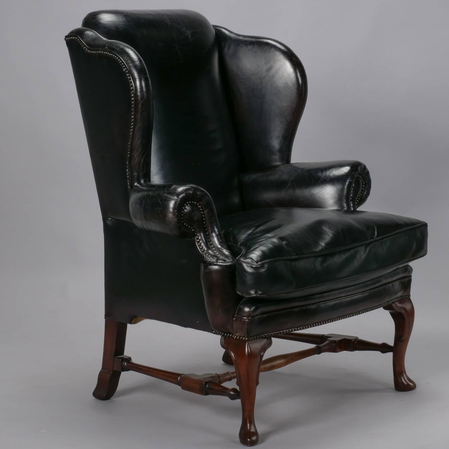 Brass Large English Black Leather Wing Chair