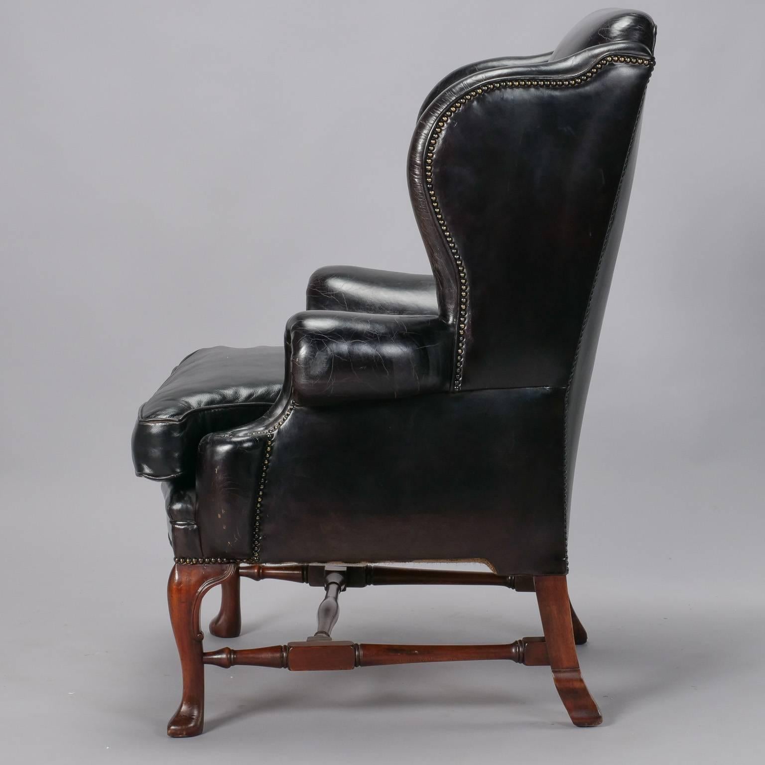 Large English Black Leather Wing Chair In Good Condition In Troy, MI