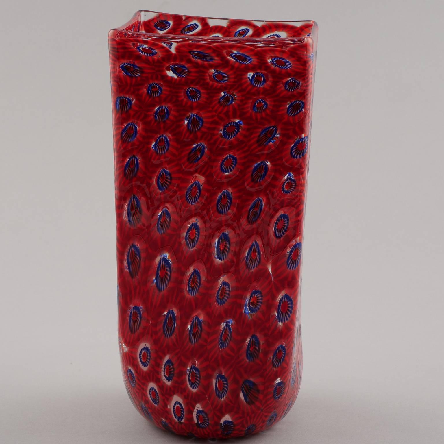 New tall square top Murano glass vase in ruby red with blue flowers by Formentello. Etched signature on the bottom and maker’s card.