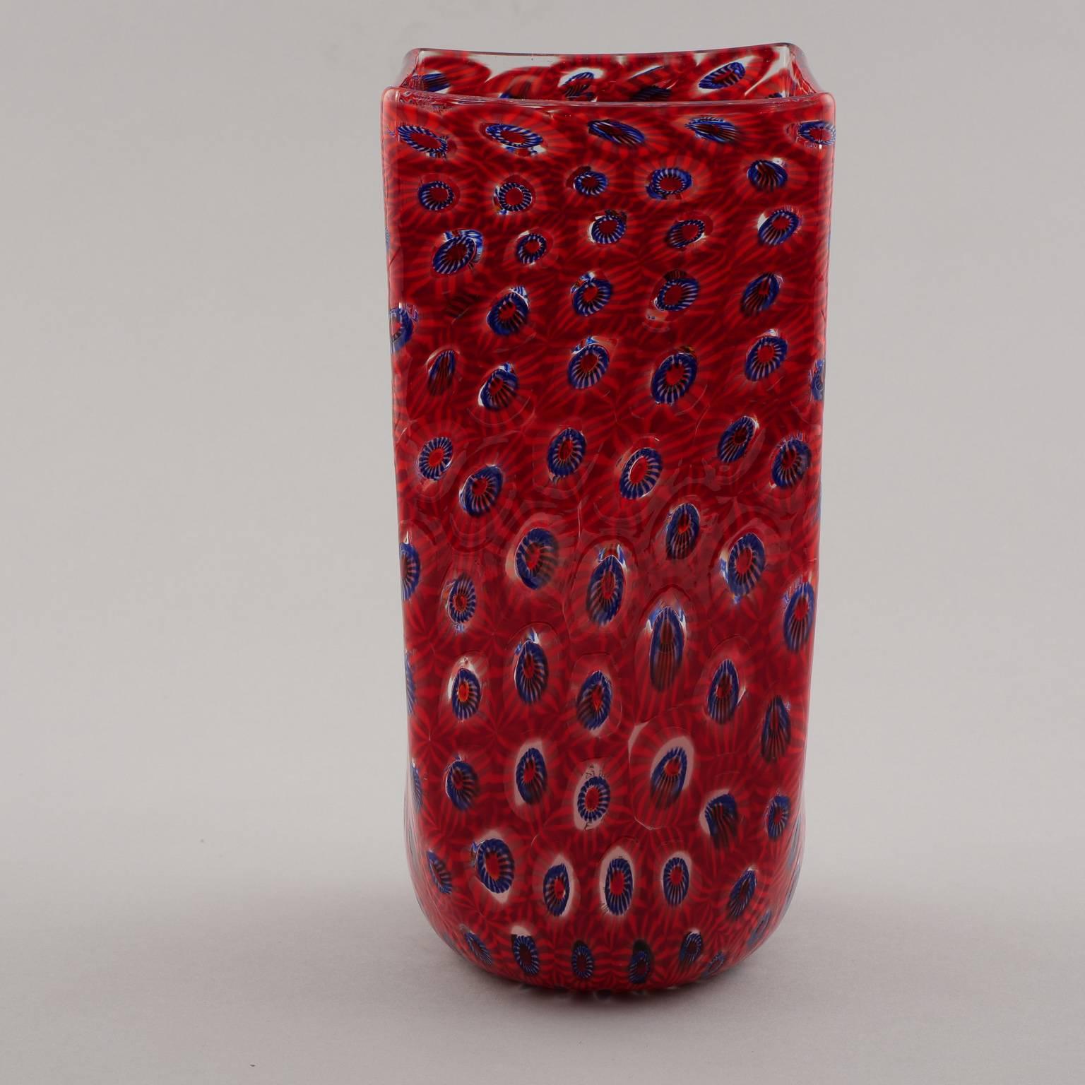 Italian Formentello Red and Blue Murano Glass Vase
