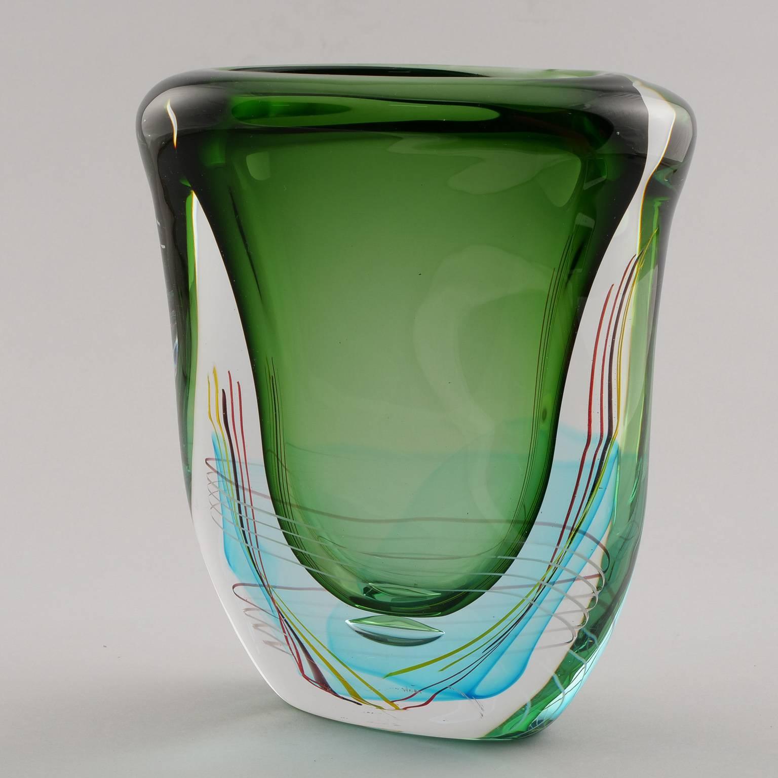 Large Green Fratelli Toso Murano Vase In Excellent Condition In Troy, MI