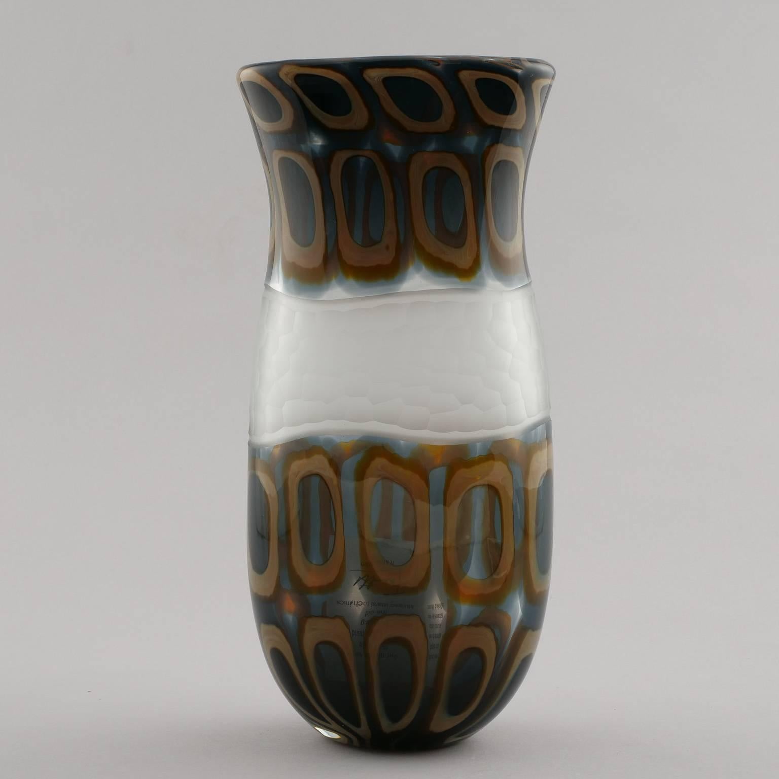Stunning Murano glass vase by maker Formentello in deep shades of green with two rows at base and mouth of abstract, dark gold/brown circles separated by a wide, semi-opaque white center band. Signed by the maker with original card included.