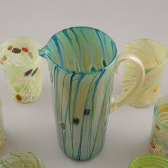 Set Green Yellow Murano Glass Pitcher with Six Tumblers