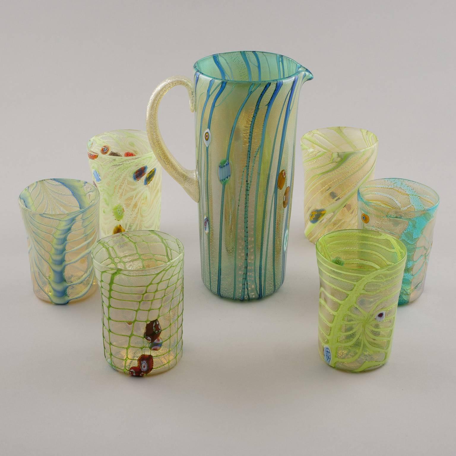 Post-Modern Set Green Yellow Murano Glass Pitcher with Six Tumblers