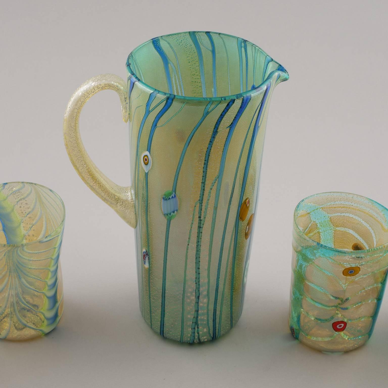 Set Green Yellow Murano Glass Pitcher with Six Tumblers 3