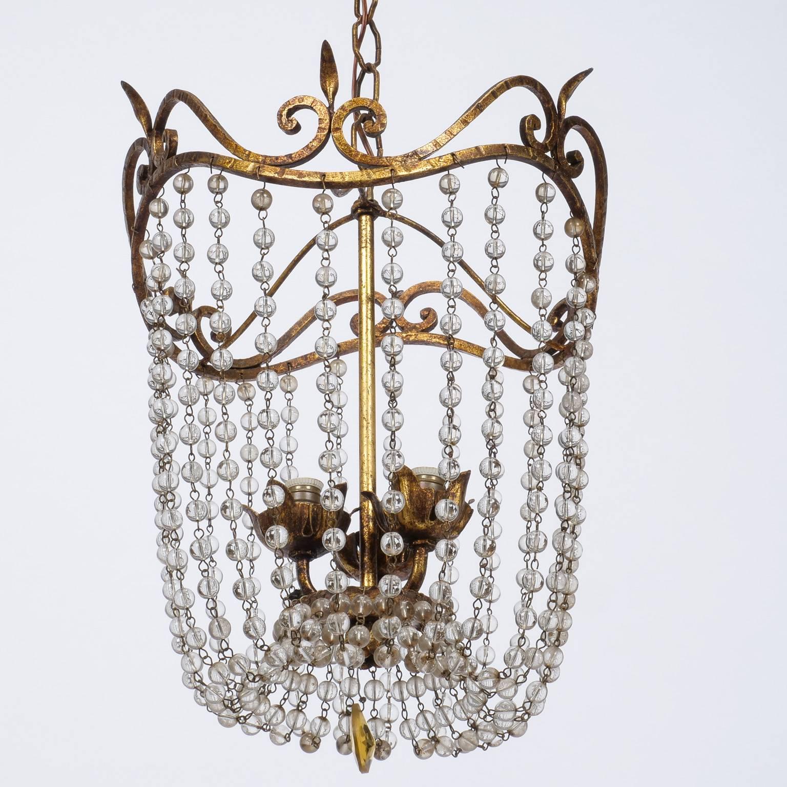 20th Century Empire Chandelier with Gilt Iron and Cascading Beads