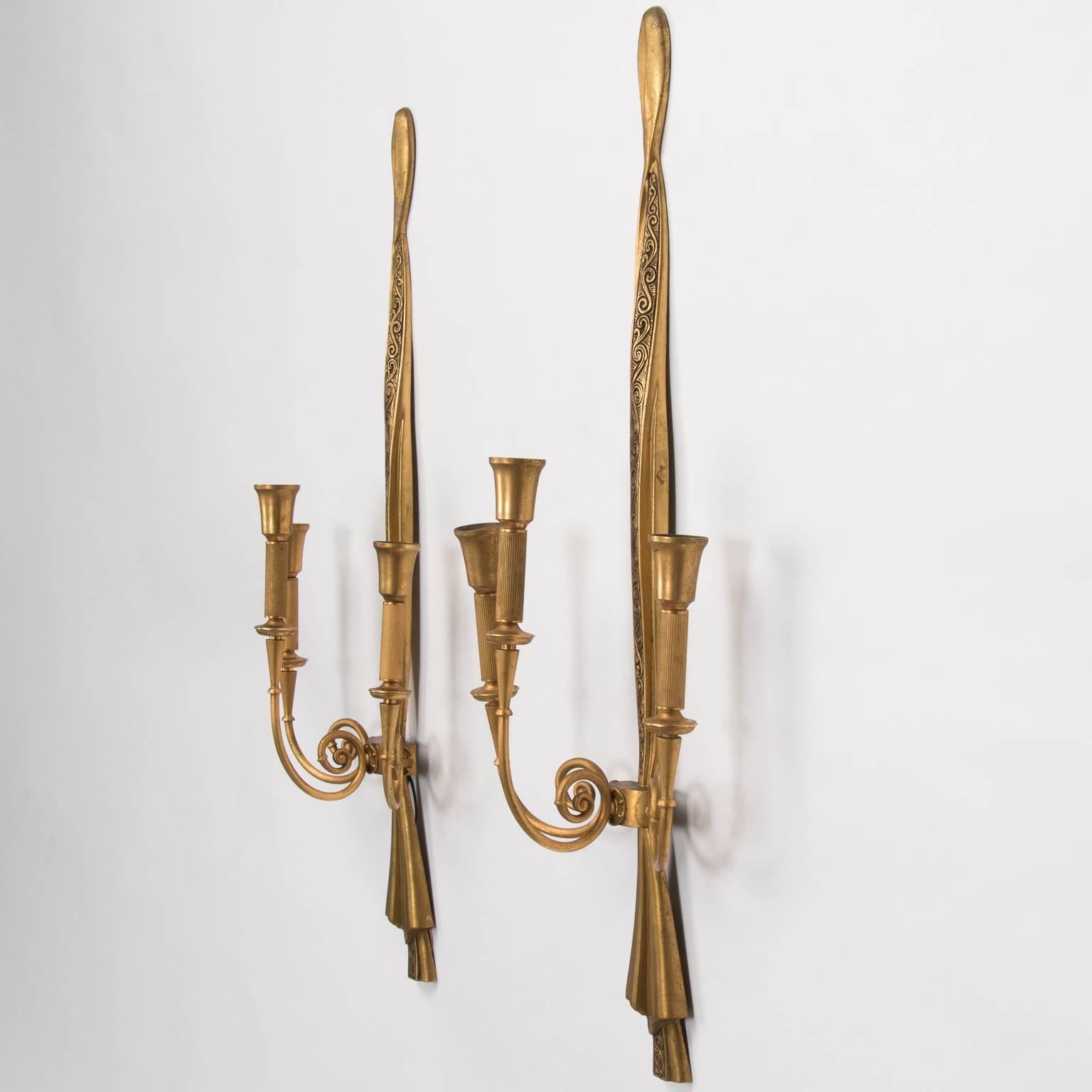 Italian Tall Lumi Neoclassical Gilded Metal Sconces