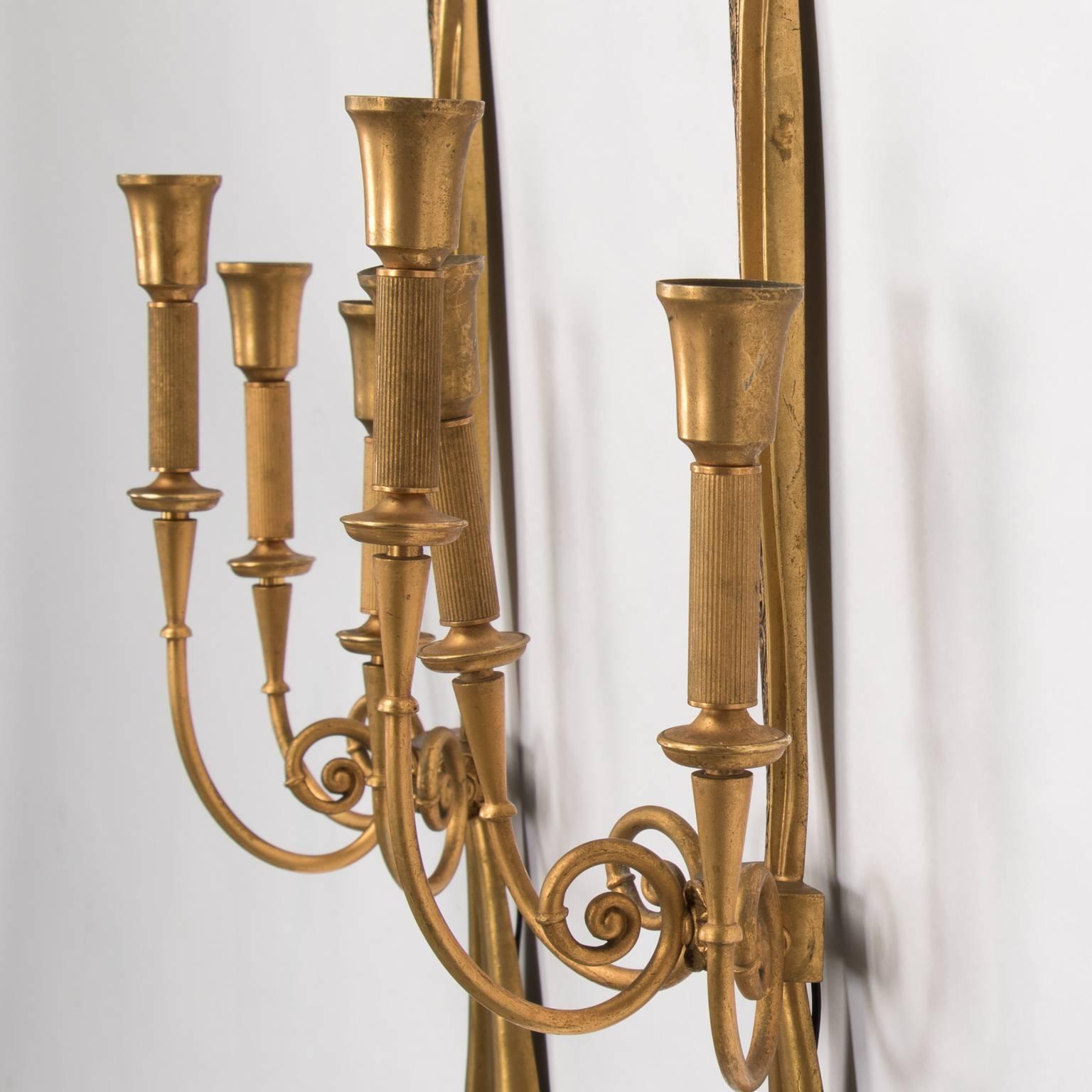 Tall Lumi Neoclassical Gilded Metal Sconces In Excellent Condition In Troy, MI