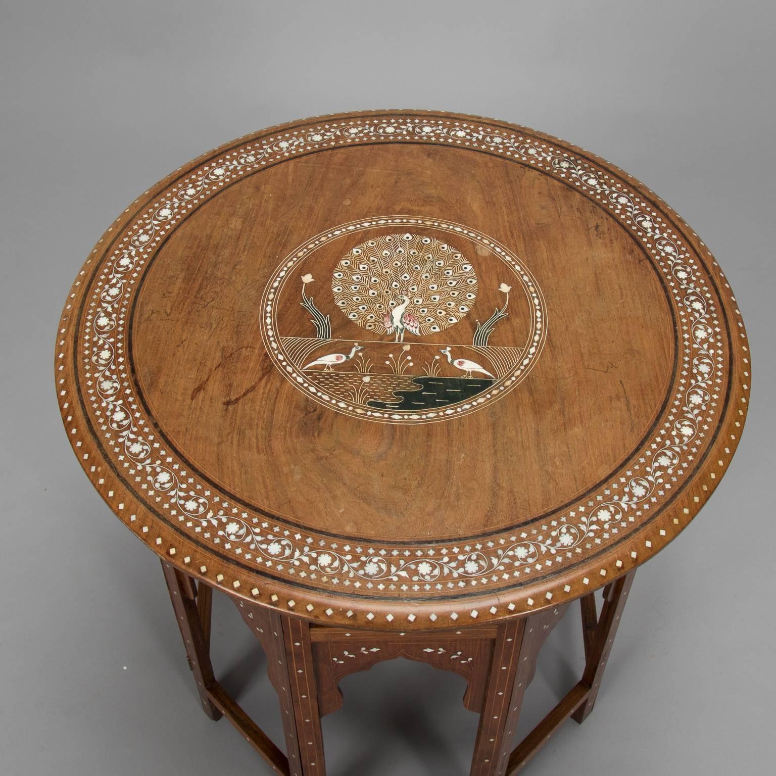 Mid-Century Modern Moorish Side Table with Inlaid Peacock Design