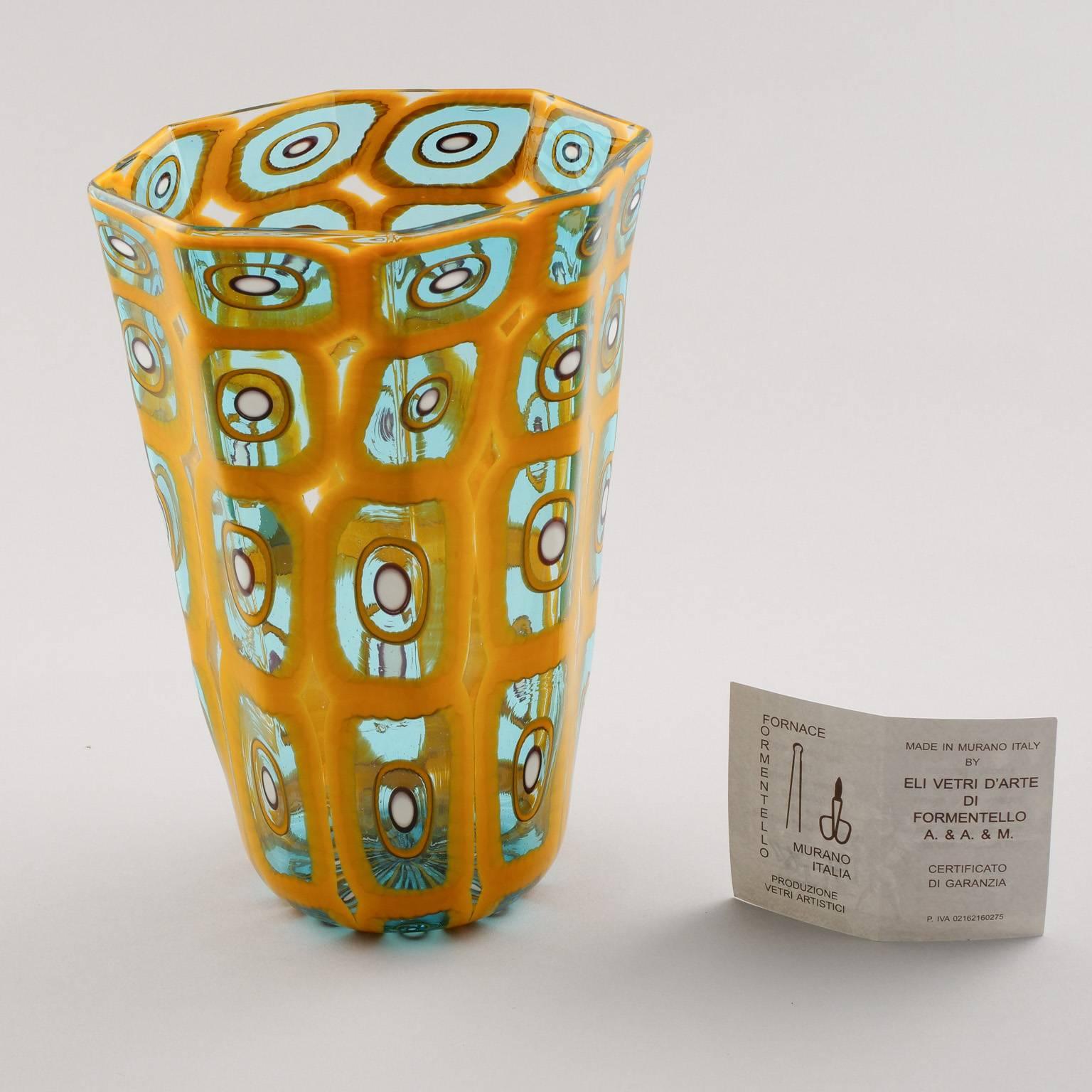 Modern Formentello Murano Glass Gold and Teal Vase