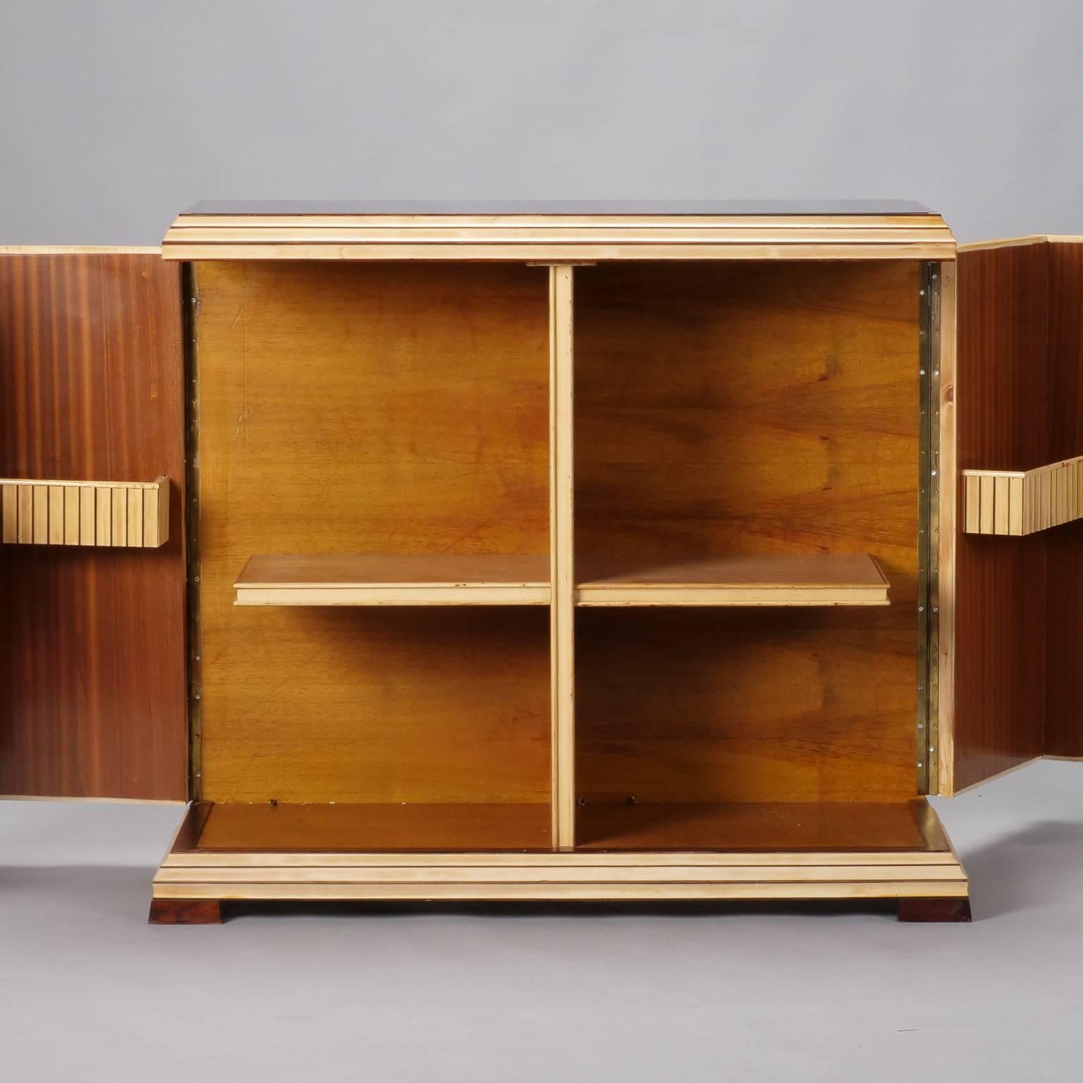 Mid-Century Modern Reeded Maple Cabinet with Rosewood Trim and Black Glass
