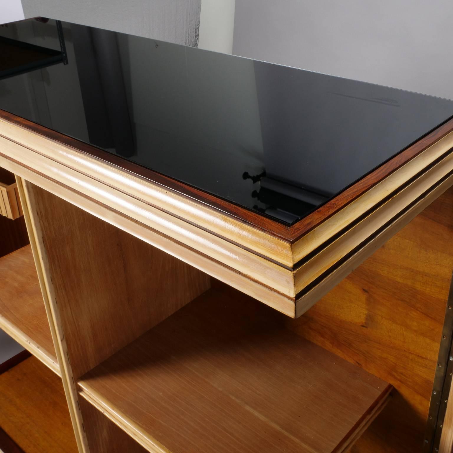Italian Reeded Maple Cabinet with Rosewood Trim and Black Glass