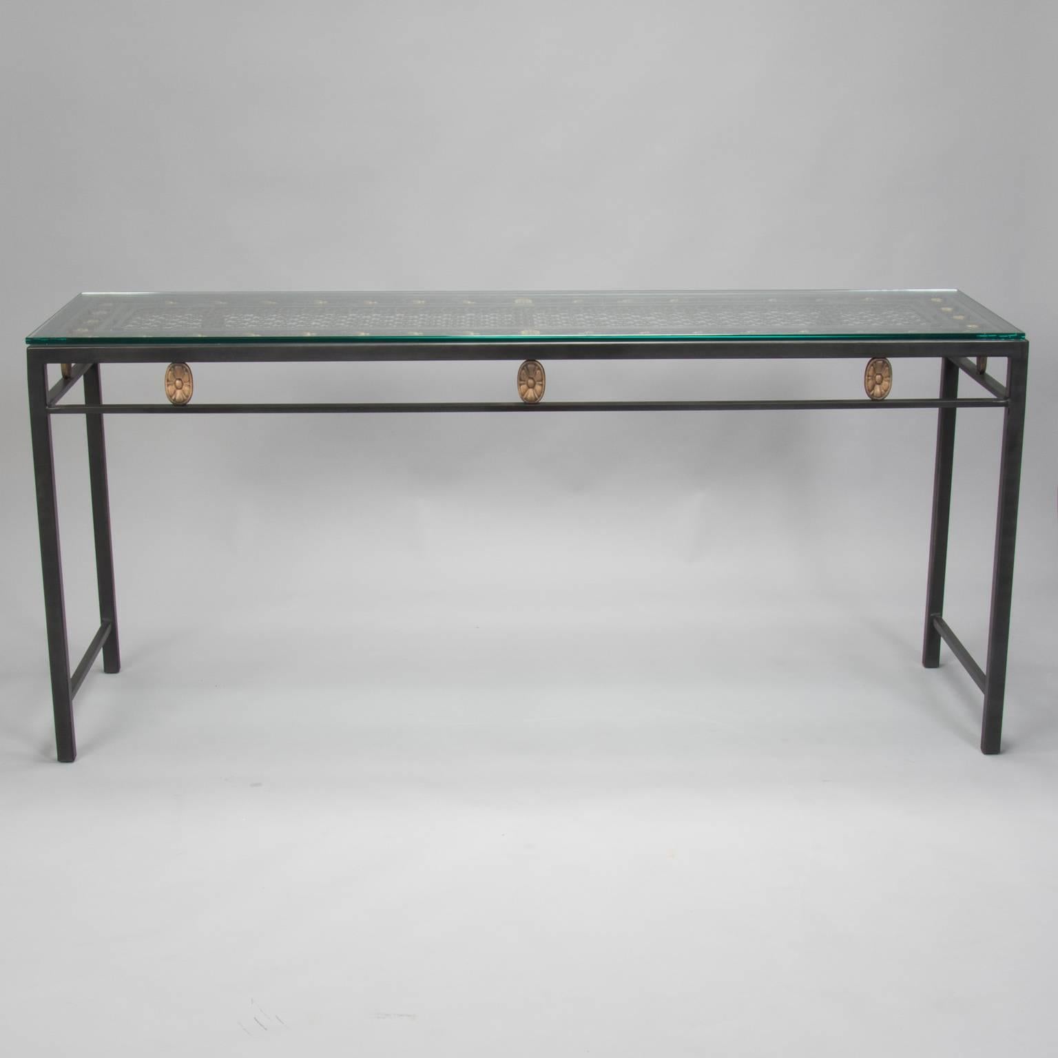 Glass Console Custom-Made from French Fer Forge Decorative Grill