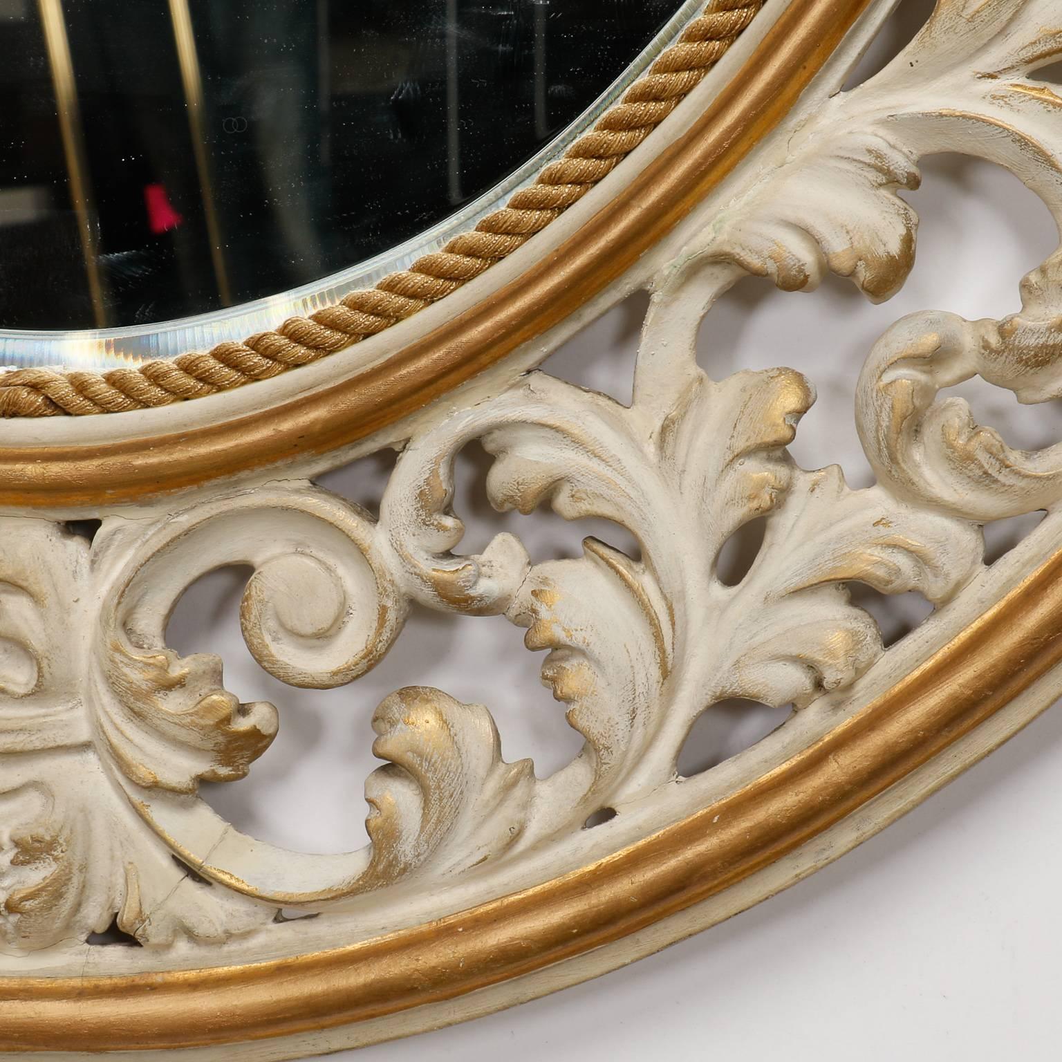 Italian Oval White Framed Mirror with Reticulated Frame In Good Condition In Troy, MI