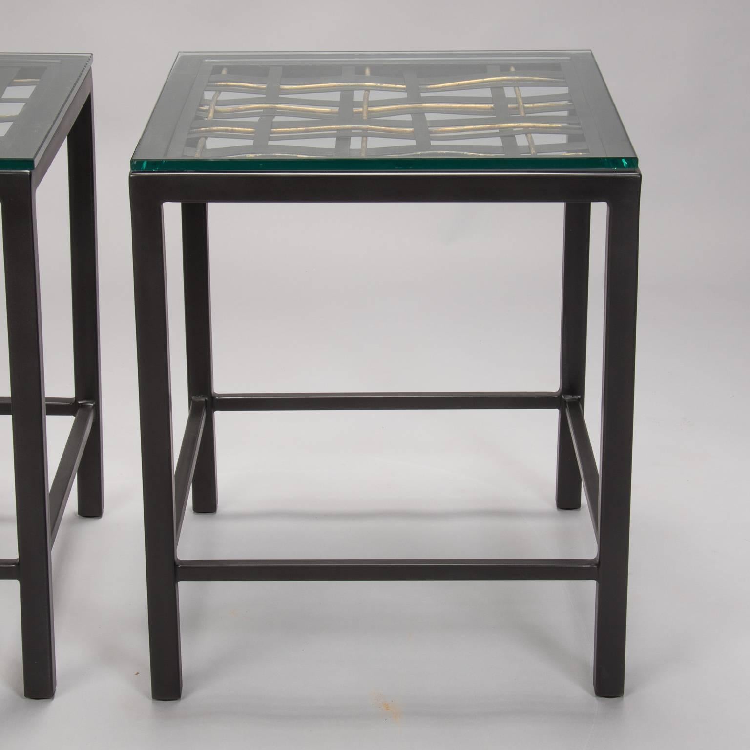 Mid-Century Modern Pair of Custom End Tables Made with French Metal Grill For Sale
