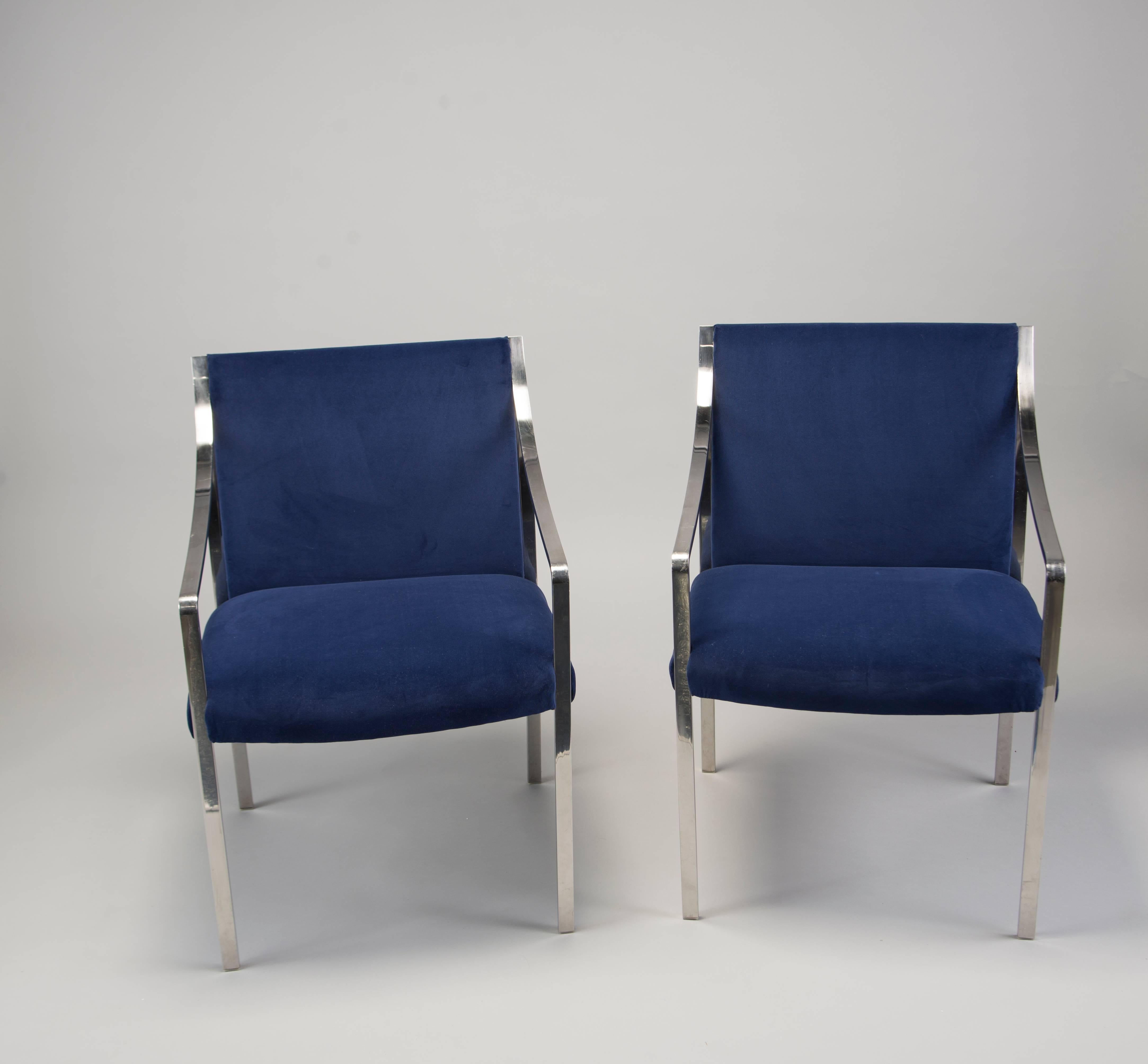 American Pair of Midcentury Bert England for Stow Davis Steel Frame and Velvet Arm Chairs