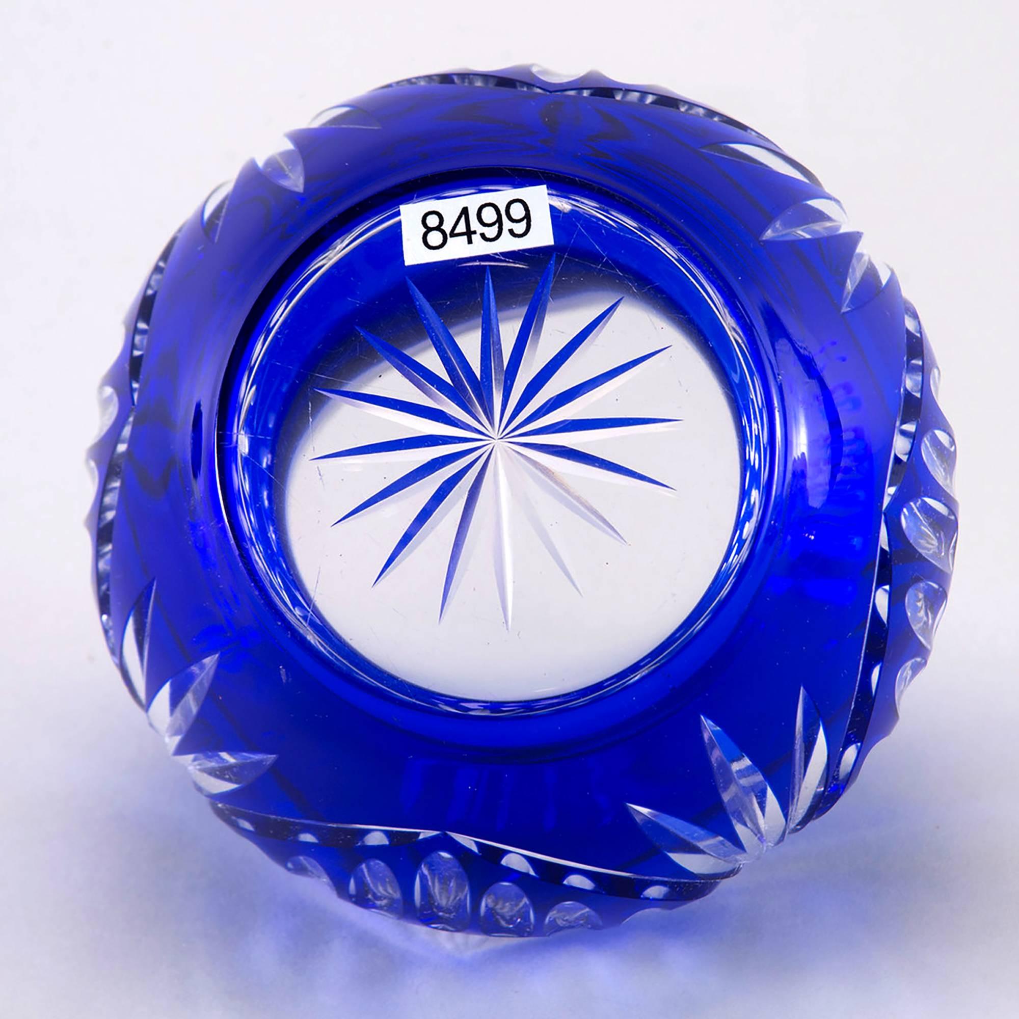European Cobalt Blue Cut Crystal Rose Bowl with Original Brass Flower Holder