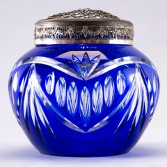 Cobalt Blue Cut Crystal Rose Bowl with Original Brass Flower Holder