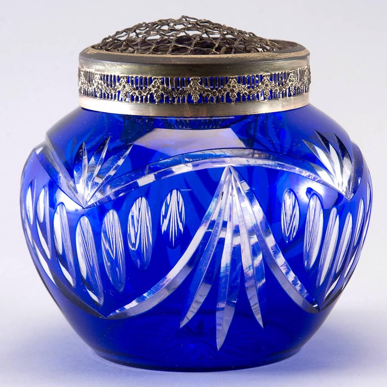 Cobalt Blue Cut Crystal Rose Bowl with Original Brass Flower Holder at
