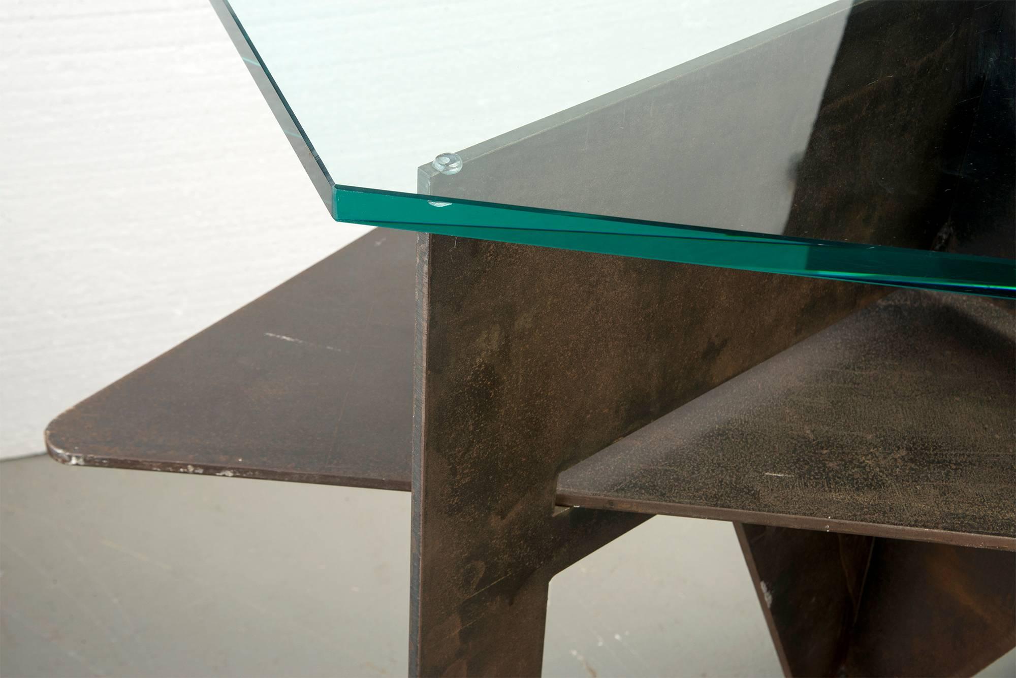 Italian Extra Large Brutalist Console with Iron Base and Glass Top