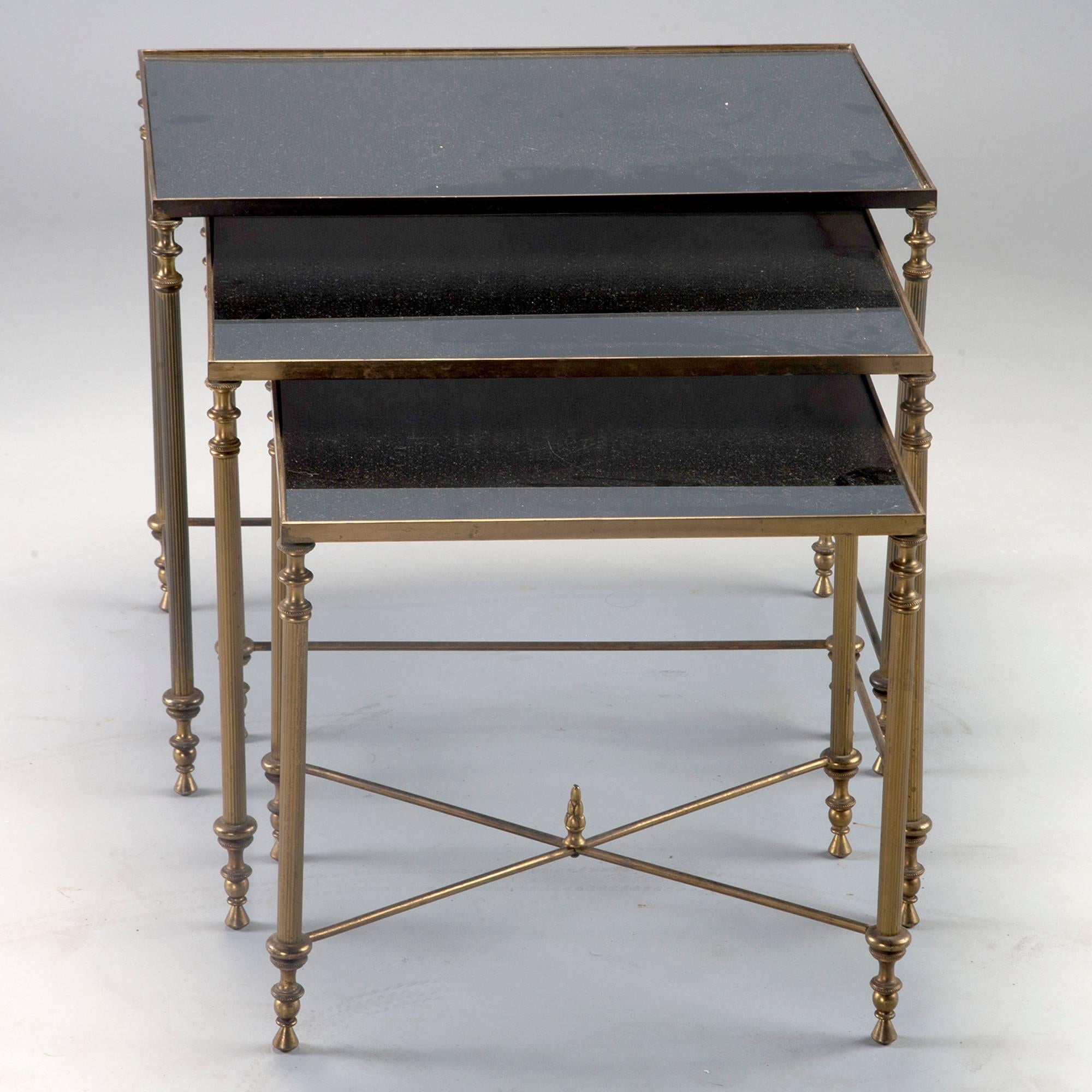 Trio of Brass and Black Mirrored Glass Nesting Tables 2