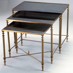 Trio of Brass and Black Mirrored Glass Nesting Tables