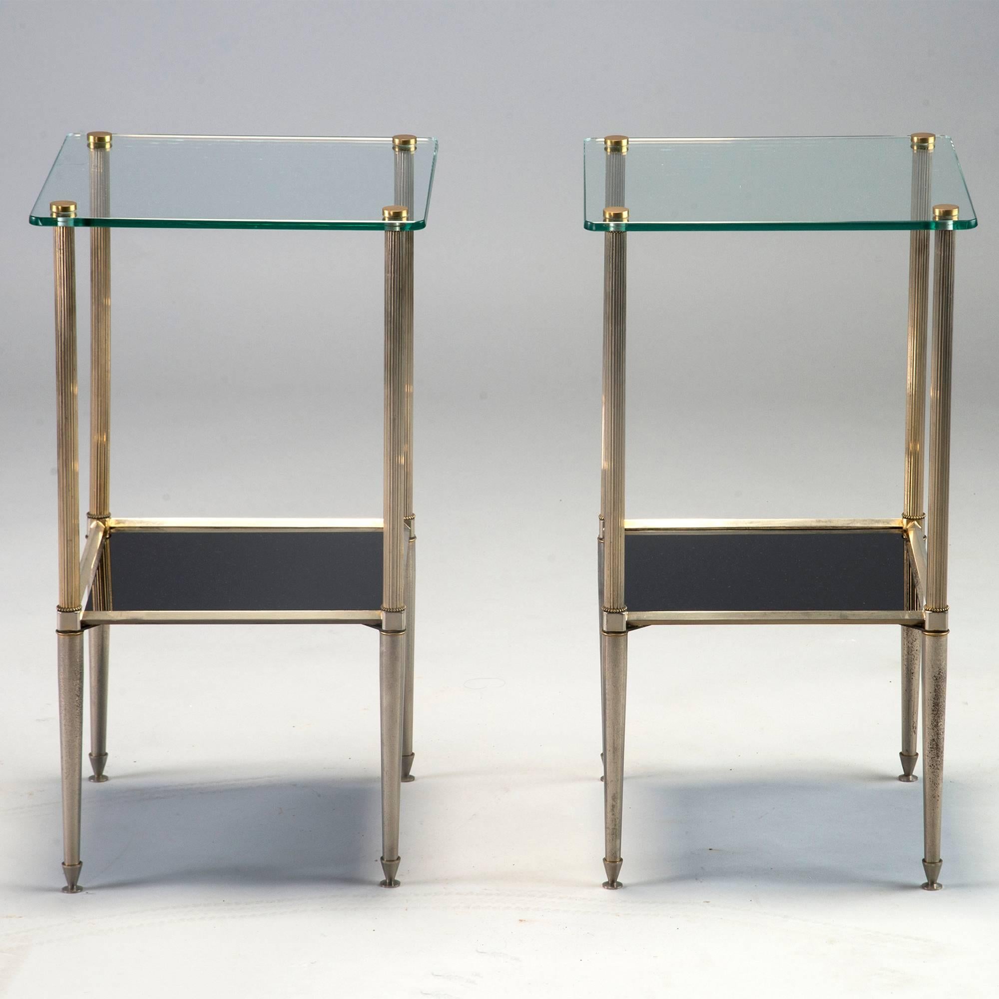 20th Century Pair of Brass Side Tables with Glass Top and Lower Shelf of Black Glass