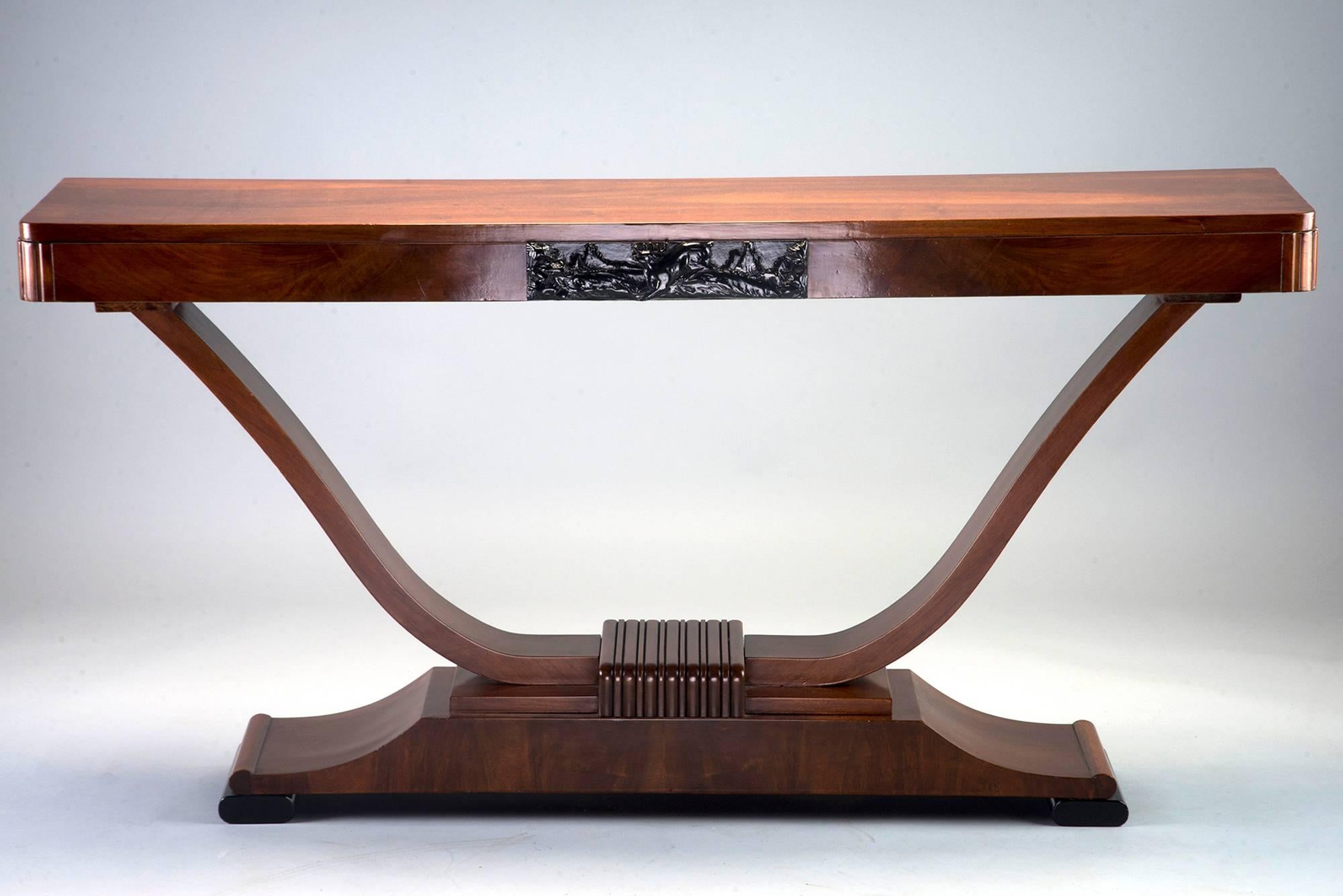 Walnut Art Deco Console with Carved Detail 1