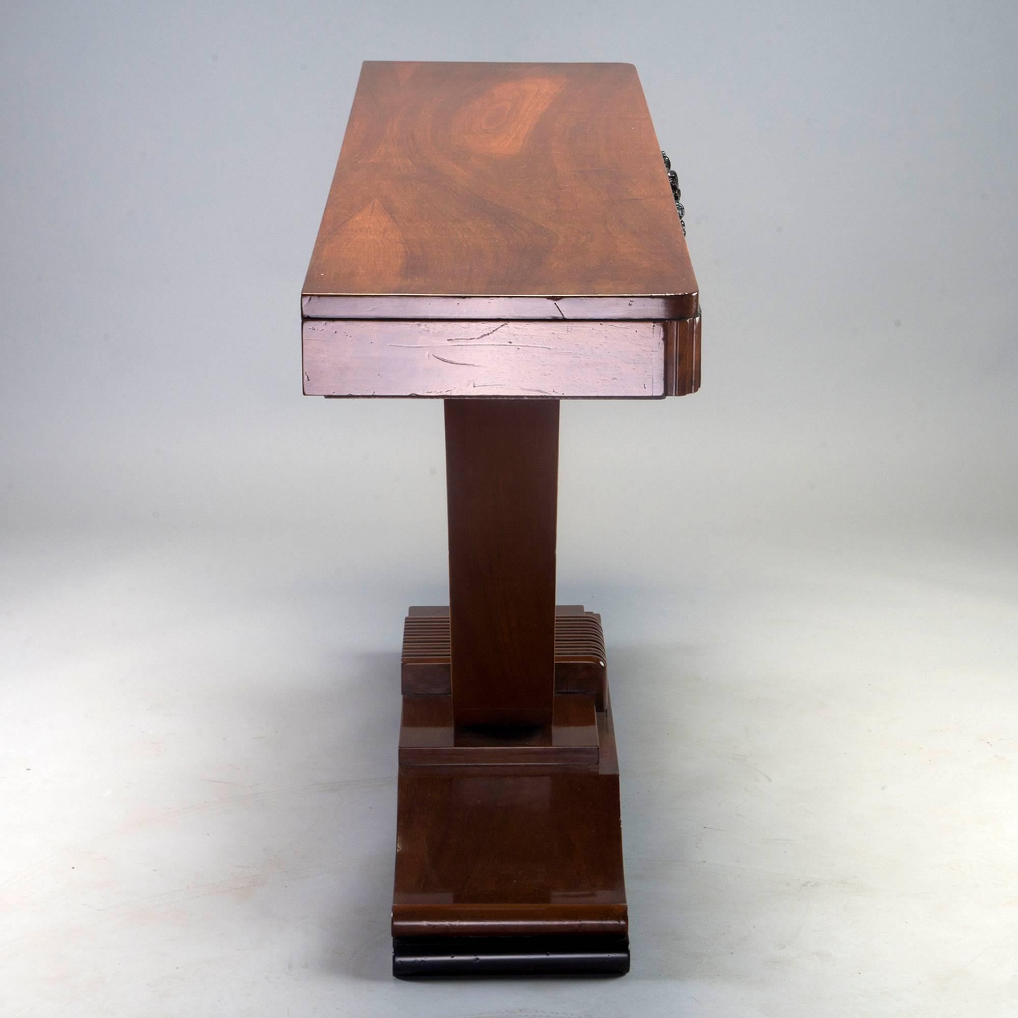 Wood Walnut Art Deco Console with Carved Detail