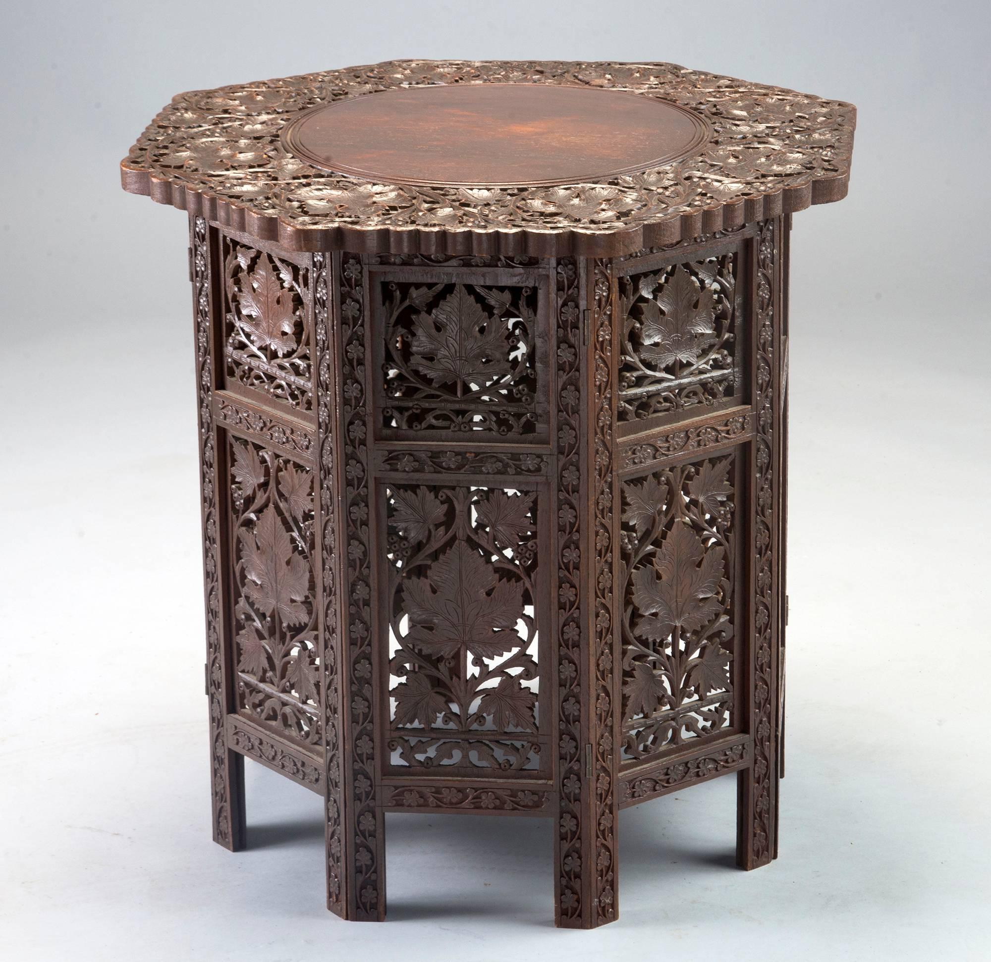 Carved Teak Moorish Table with Grape Leaf Design In Good Condition In Troy, MI