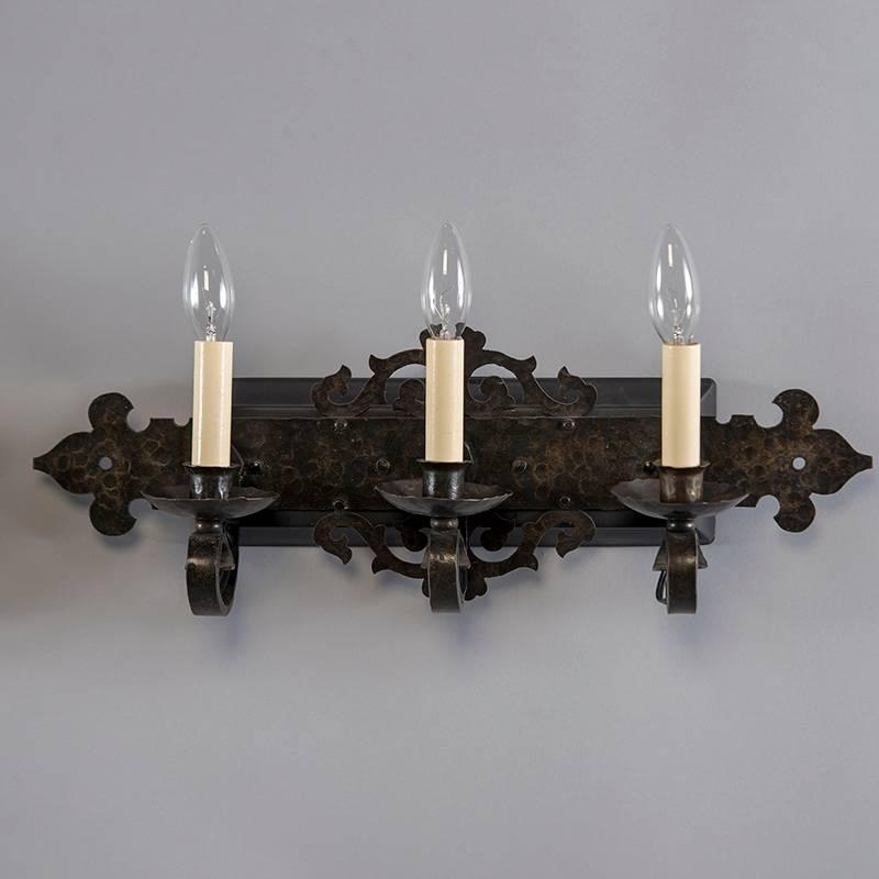 Pair of Arts & Crafts Hammered Black Iron Three-Light Sconces In Good Condition In Troy, MI