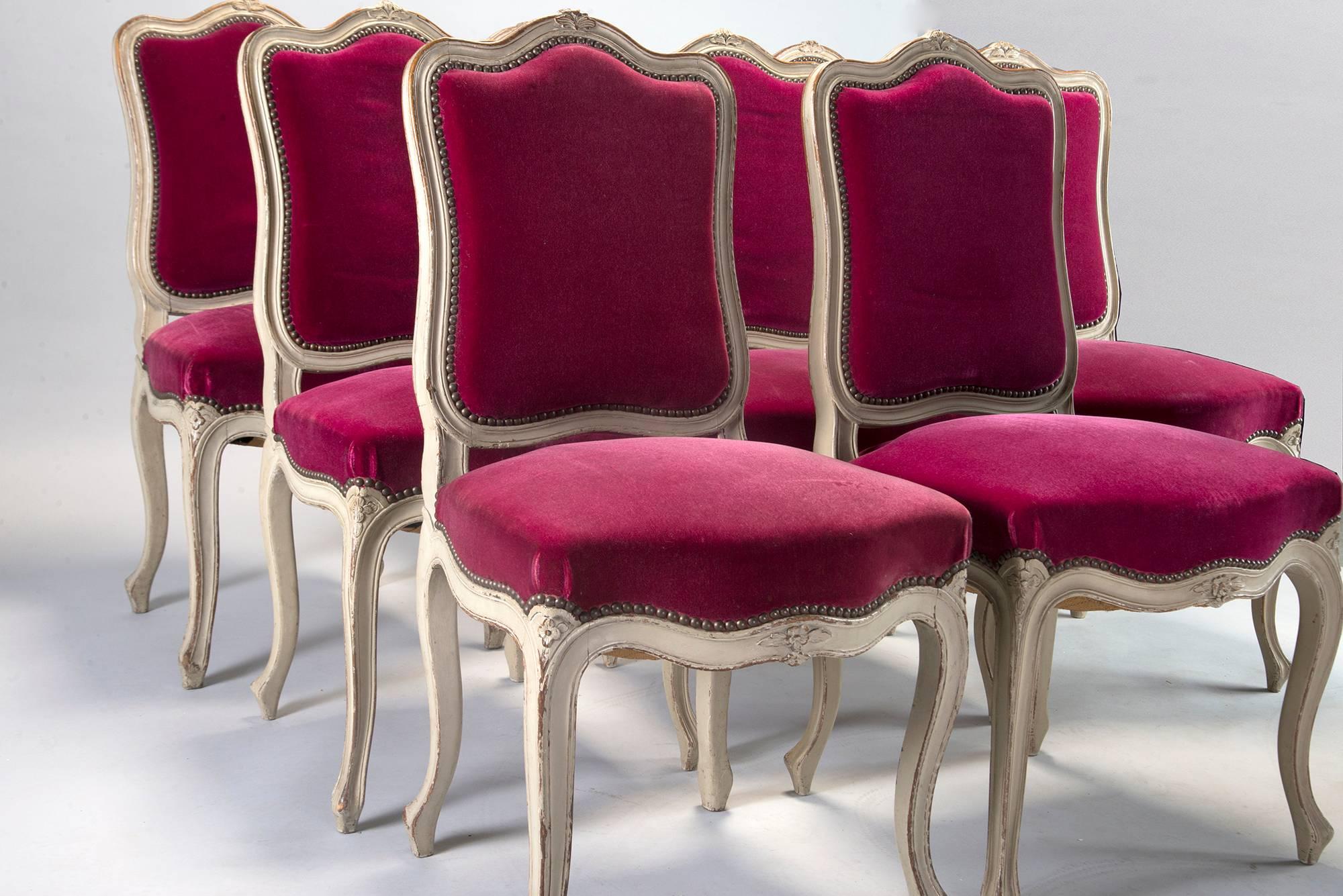 20th Century Set of 12 French Painted Chairs with Magenta Velvet Upholstery