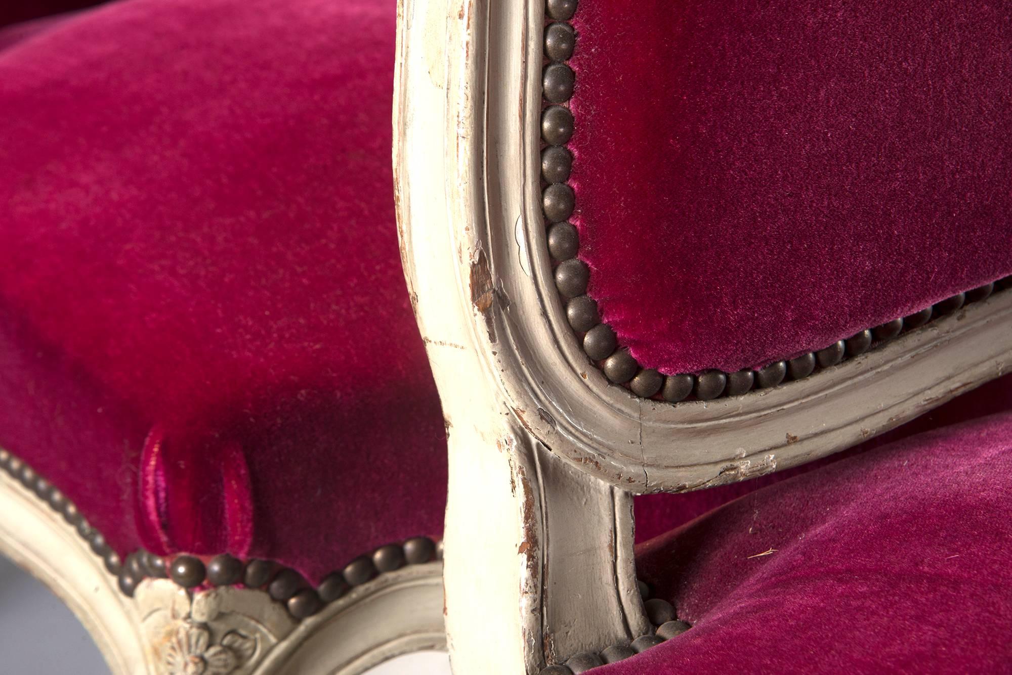 Brass Set of 12 French Painted Chairs with Magenta Velvet Upholstery
