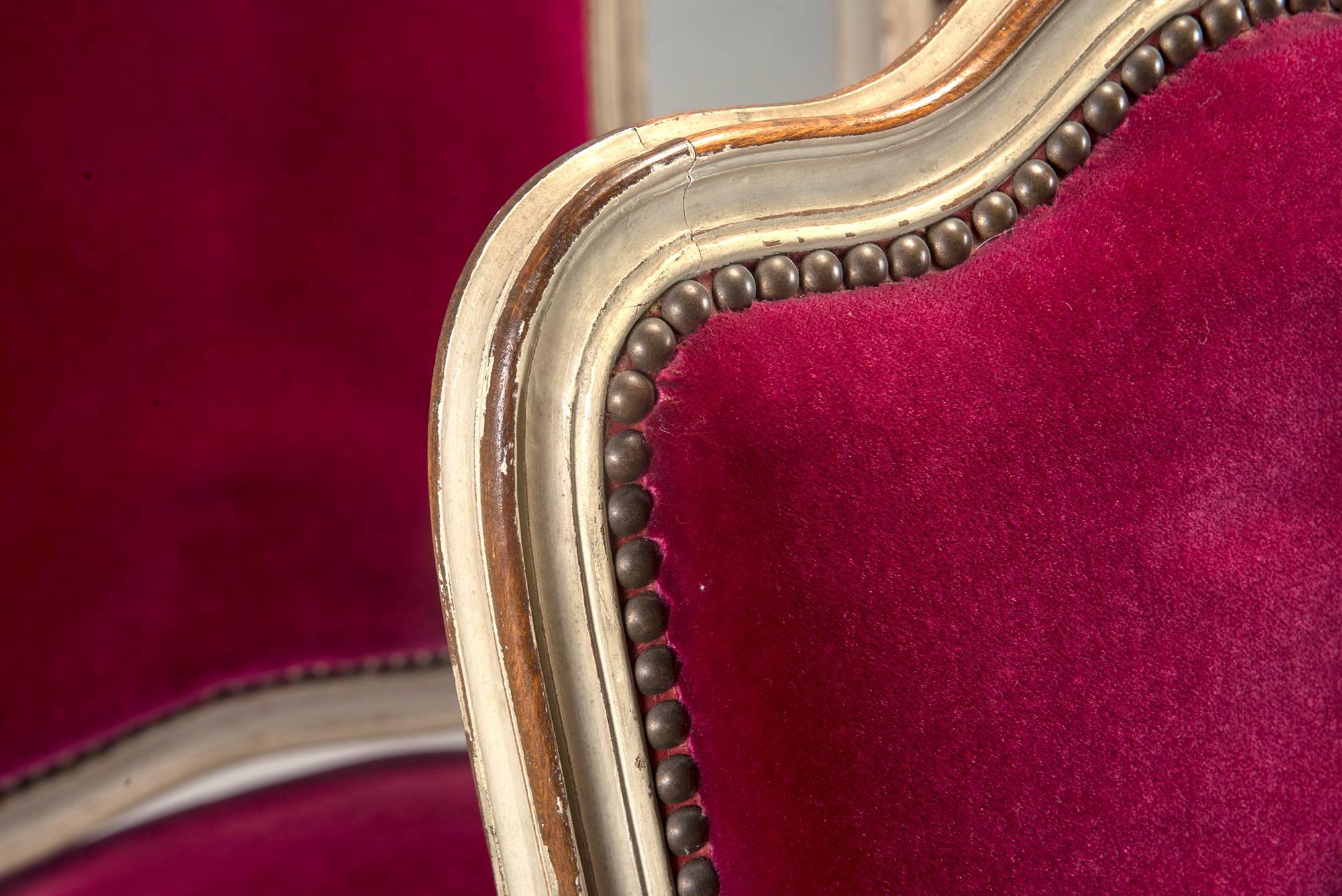 Set of 12 French Painted Chairs with Magenta Velvet Upholstery 1